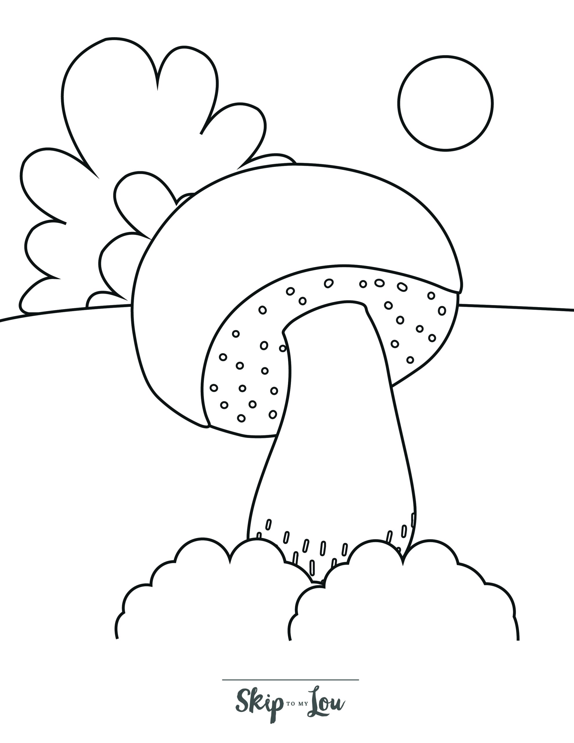Mushroom Coloring Page 2 - Large mushroom with bushes in background