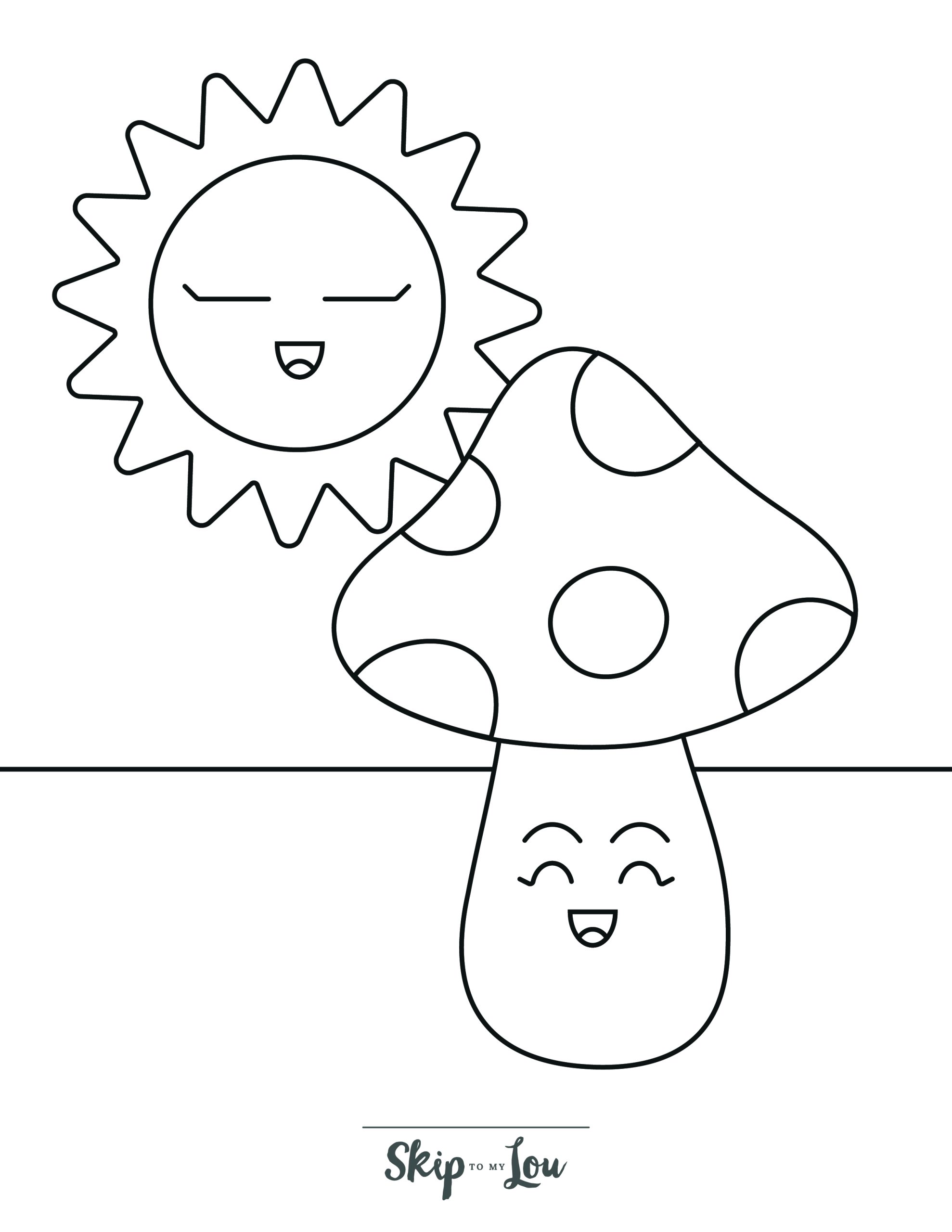 Mushroom Coloring Page 4 - Mushrooms and sun with happy faces