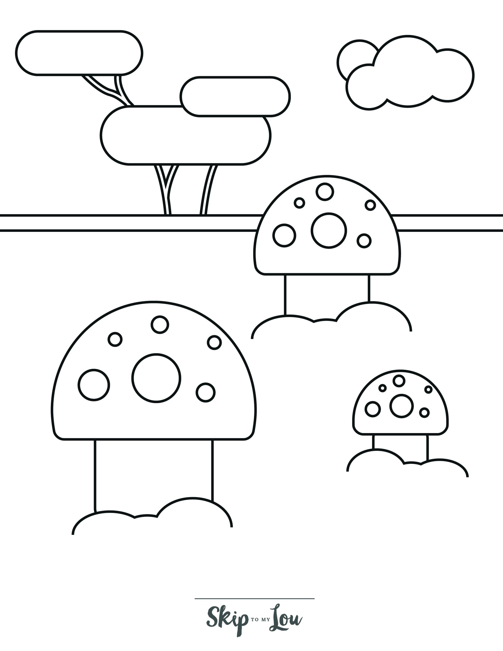 Mushroom Coloring Page 10 - Video-game mushrooms with platforms in the background