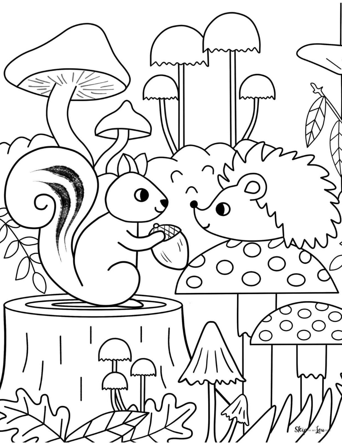 squirrel and hedgehog with mushrooms coloring page