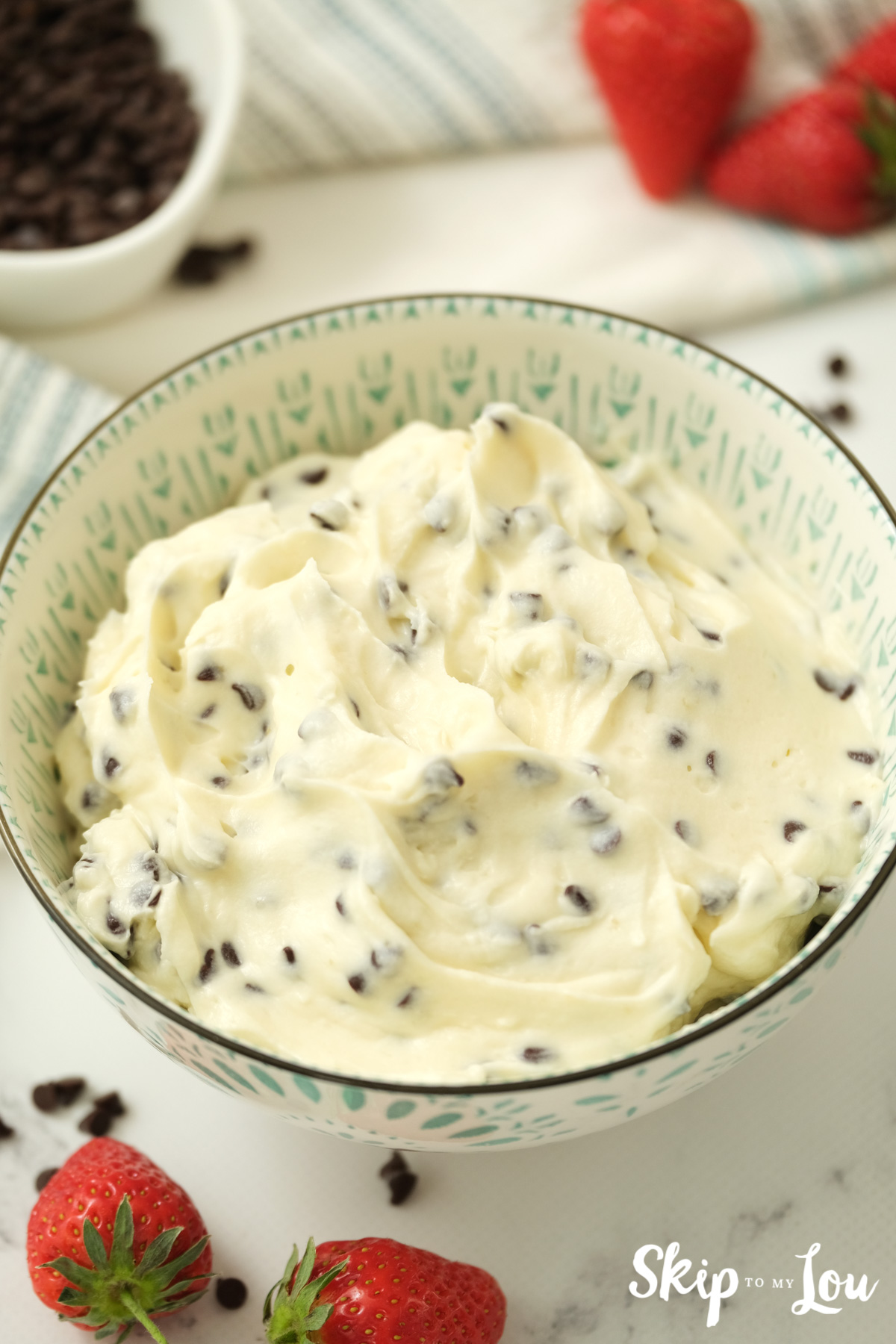Serving bowl with chocolate chip dip inside, by Skip to my Lou.