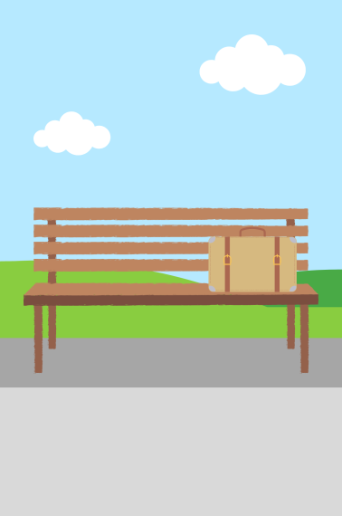 Image shows a drawing of a bench with a box of chocolate on top of it, like in the movie Forrest Gump.
