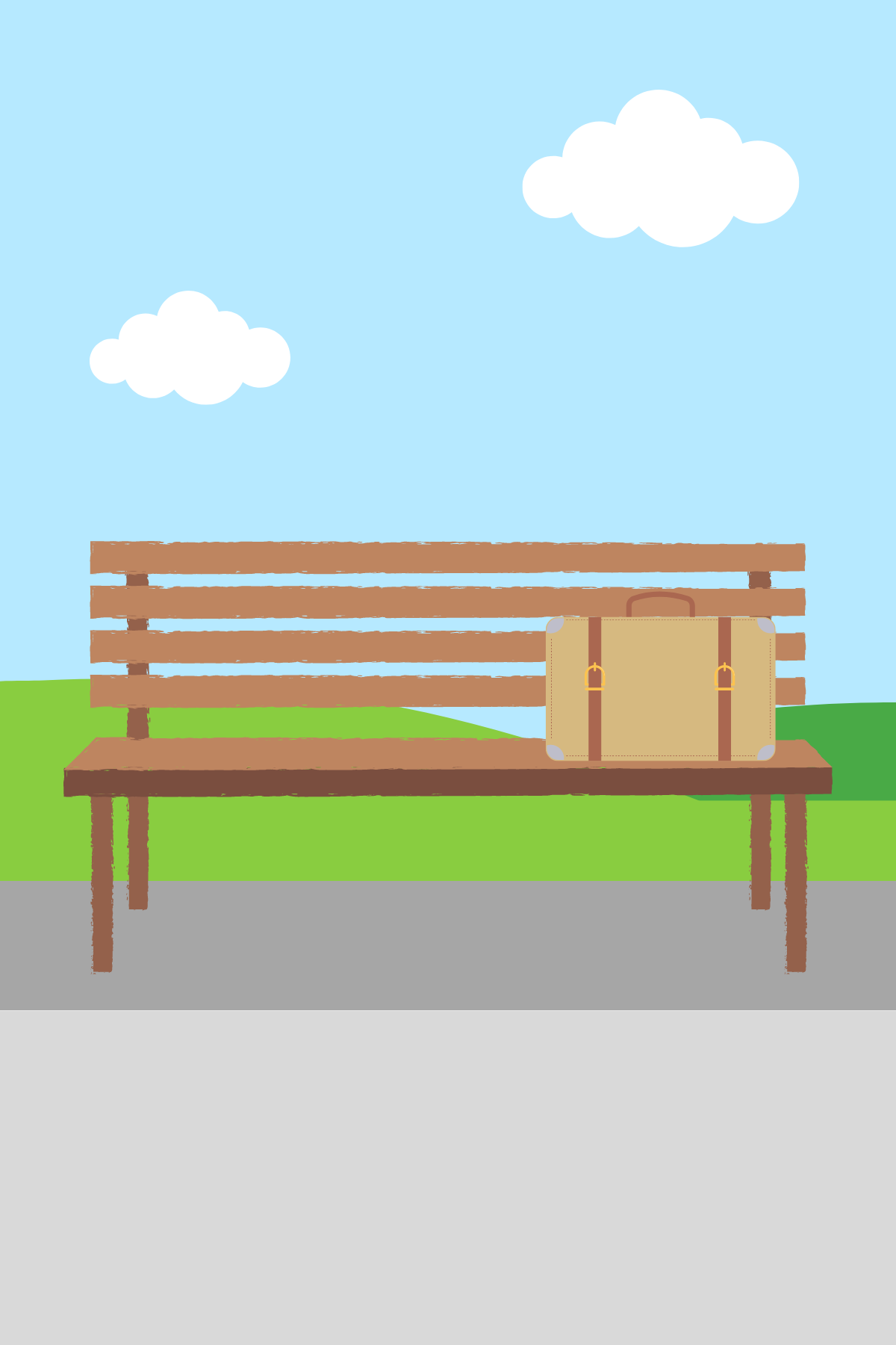 Image shows a drawing of a bench with a box of chocolate on top of it, like in the movie Forrest Gump.