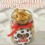 Homemade dog biscuits packaged in a clear glass jar decorated with a red and white polka dot label and a printable label, by Skip to my Lou.