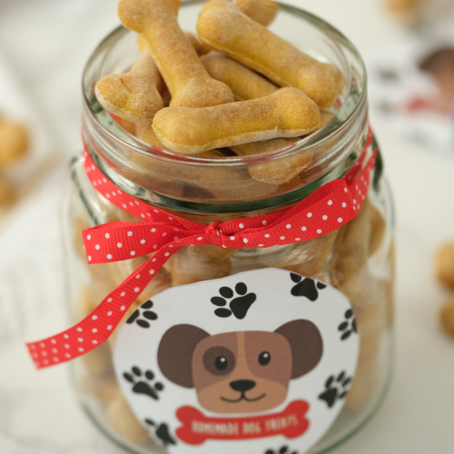 Homemade dog biscuits baked and placed in a clear glass jar with a red and white polka dot ribbon and cute puppy label, by Skip to my Lou.