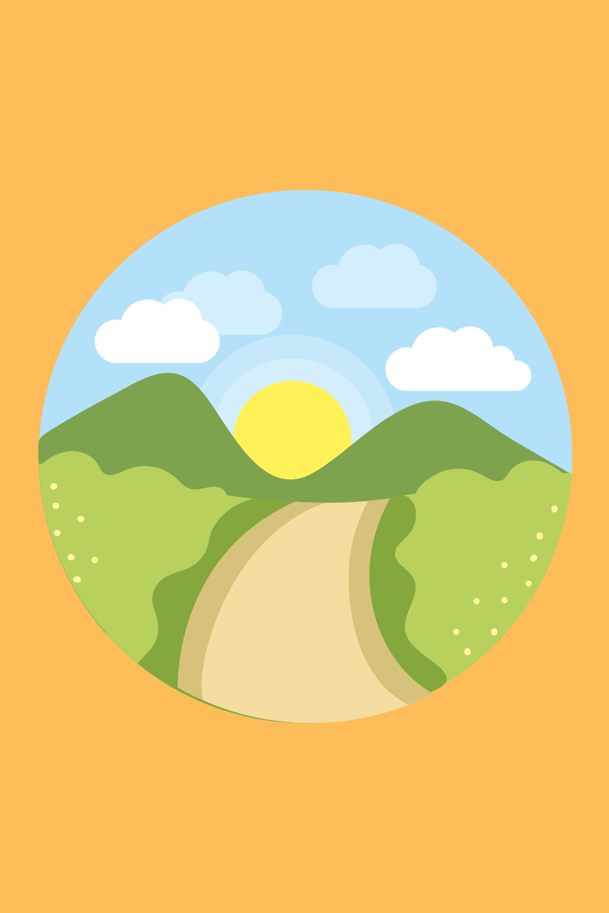 Image shows an image of two mountains and a sun showing from between them, over an orange background.