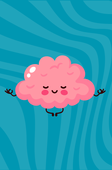 Image shows a drawing of a brain practicing yoga, to represent peace of mind, over a striped blue background.