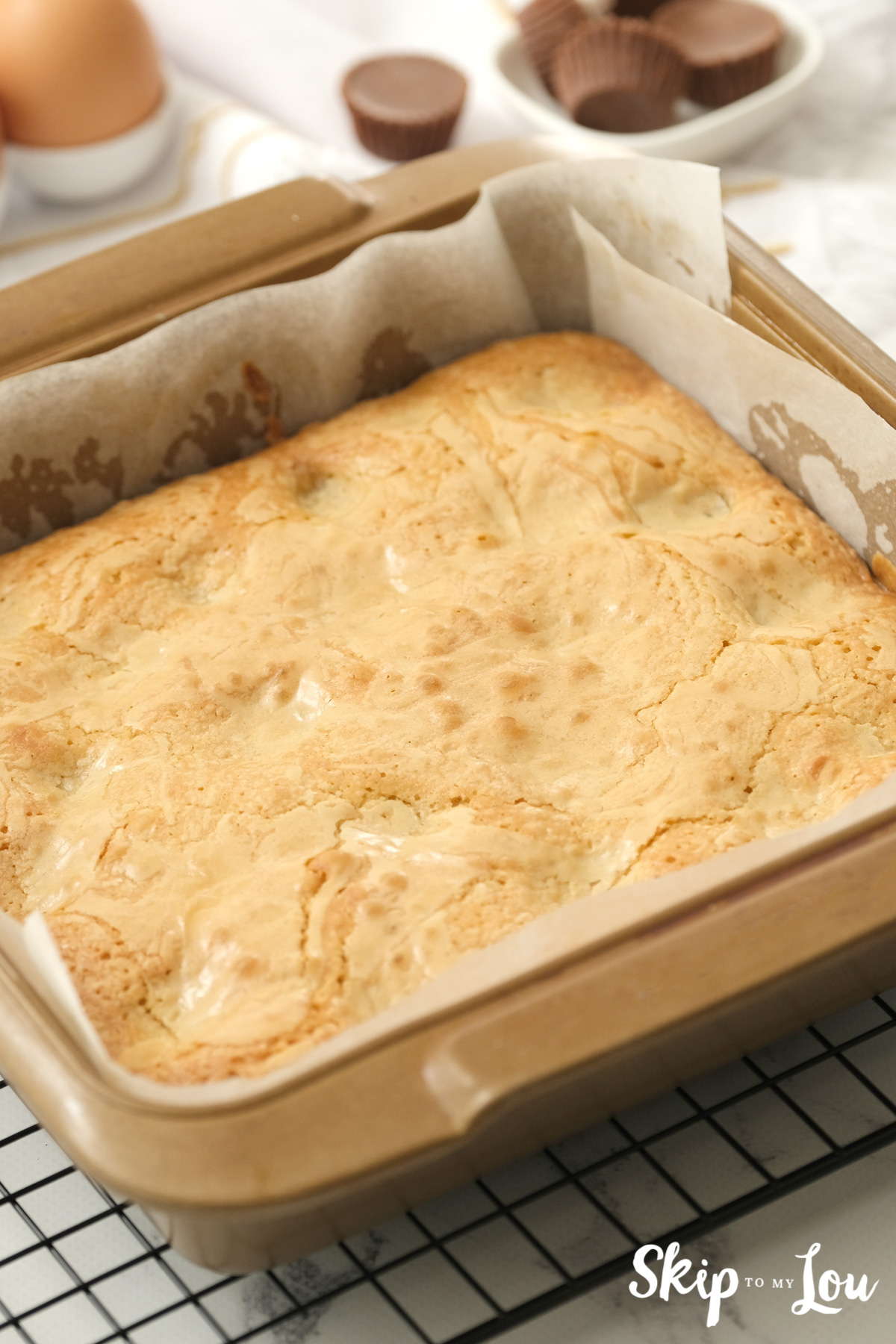 Golden brown peanut butter blondies baked in a baking pan, by Skip to my Lou.