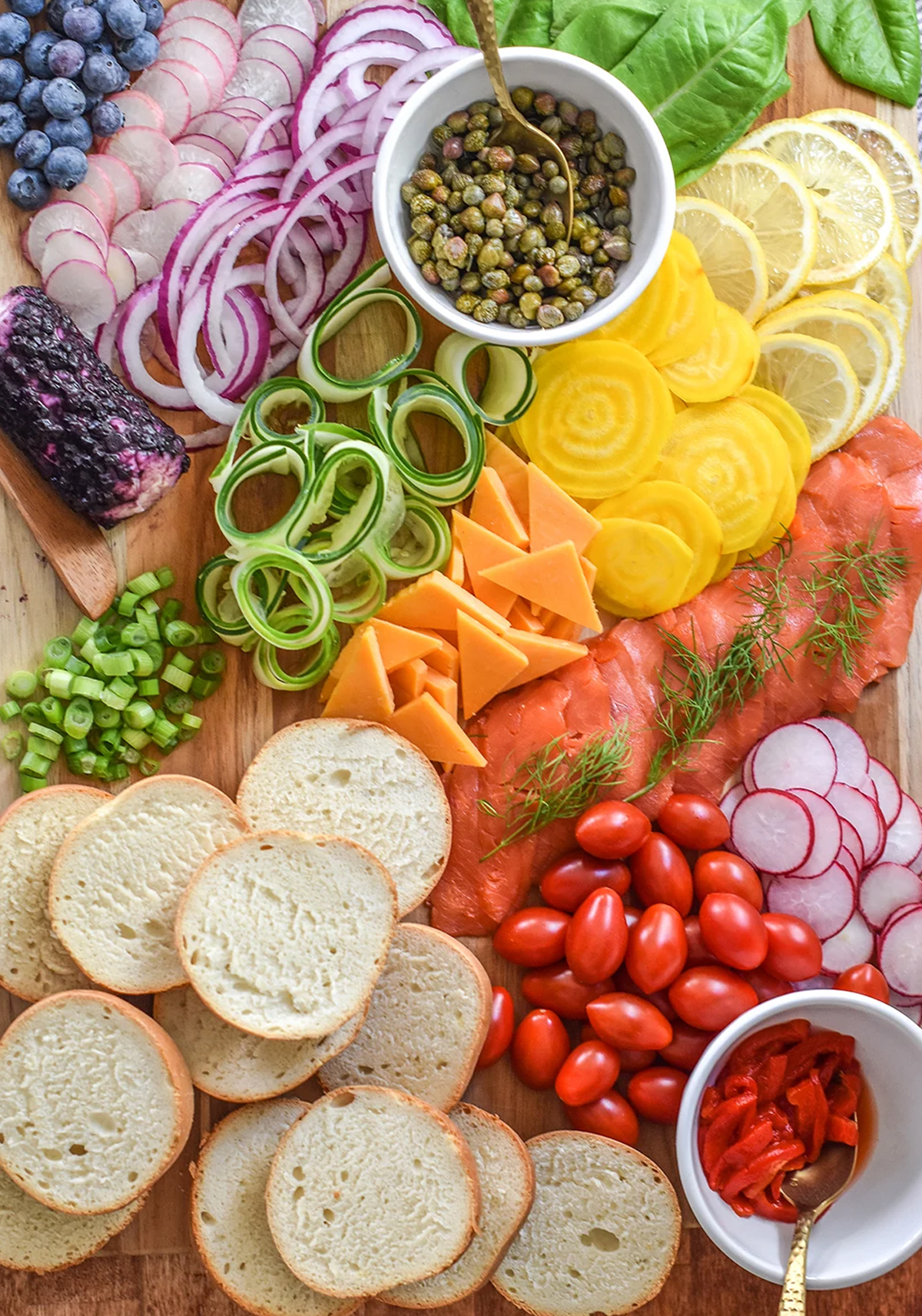 bagel and lox board with an array of colors from nellie bellie.