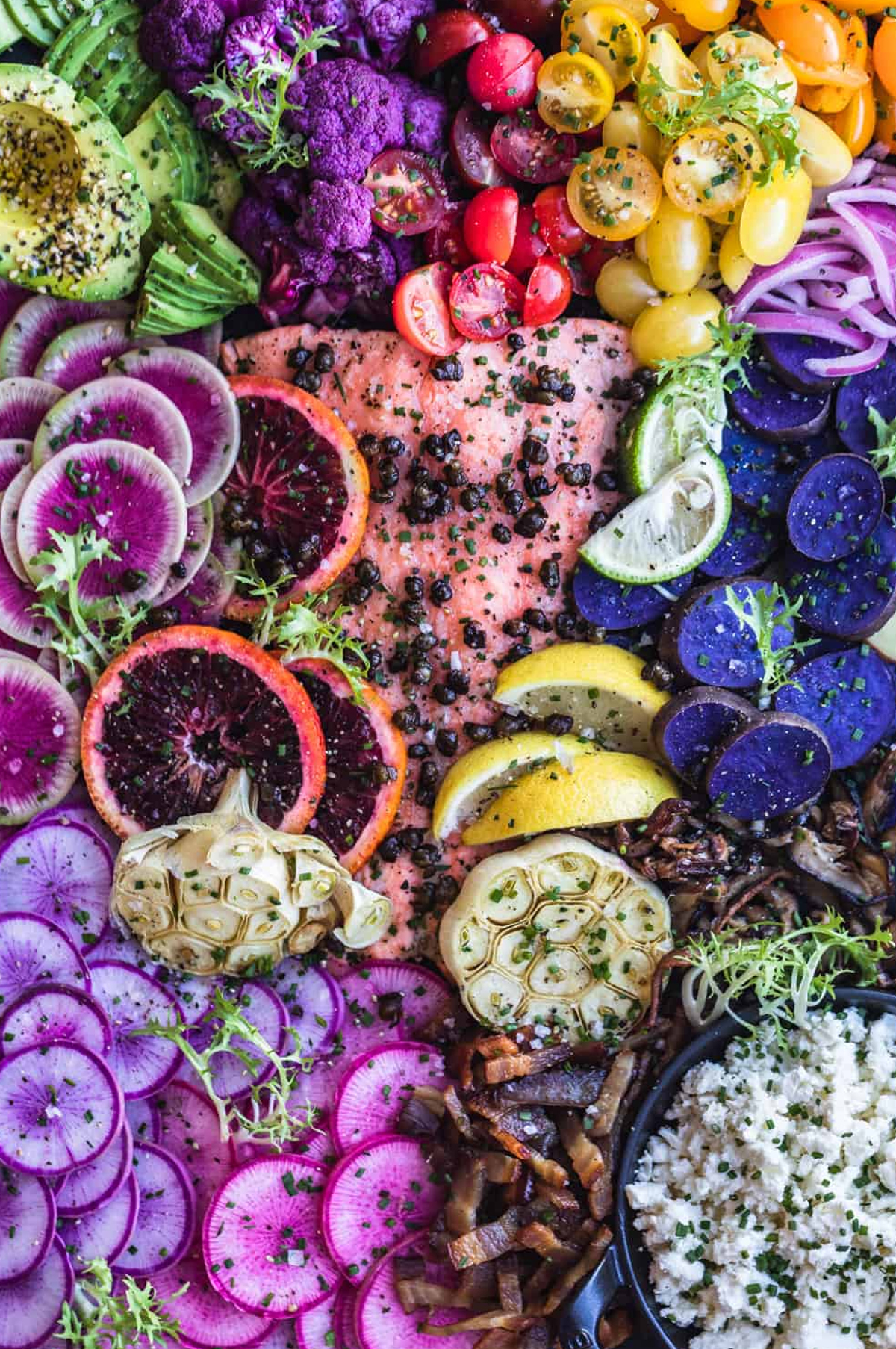 Waves in the kitchen includes bright vegetables, and salmon.