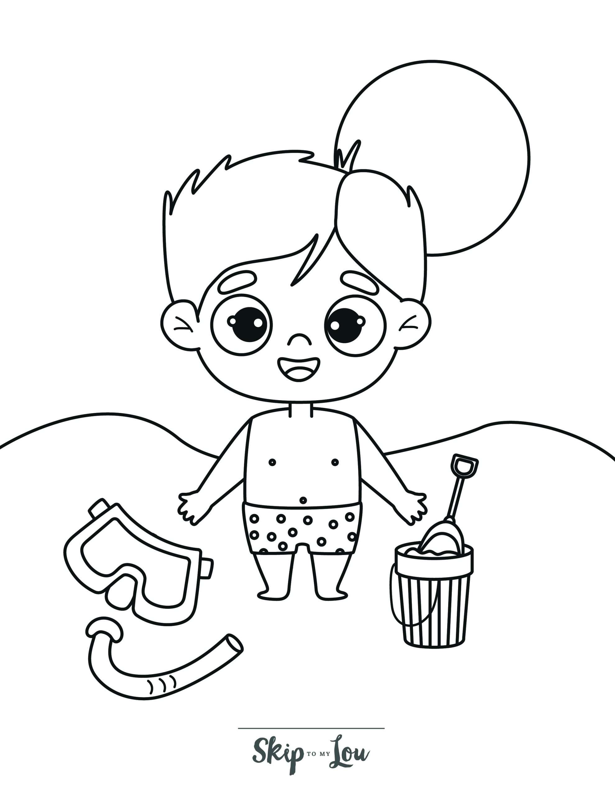 Beach Coloring Page 2 - Little boy in swimwear, with bucket and snorkle