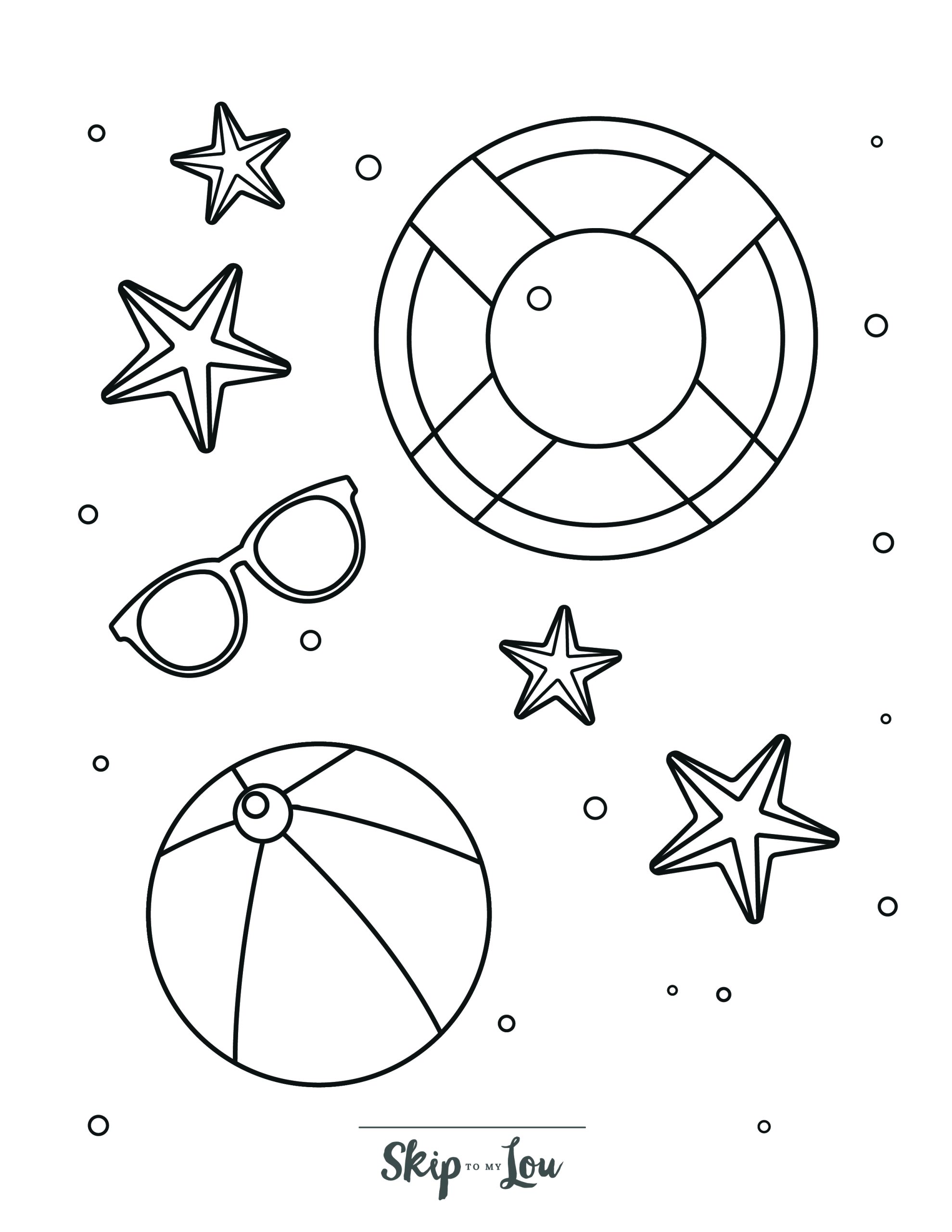 Beach Coloring Page 3 - Beach ball with sunglasses and star fish