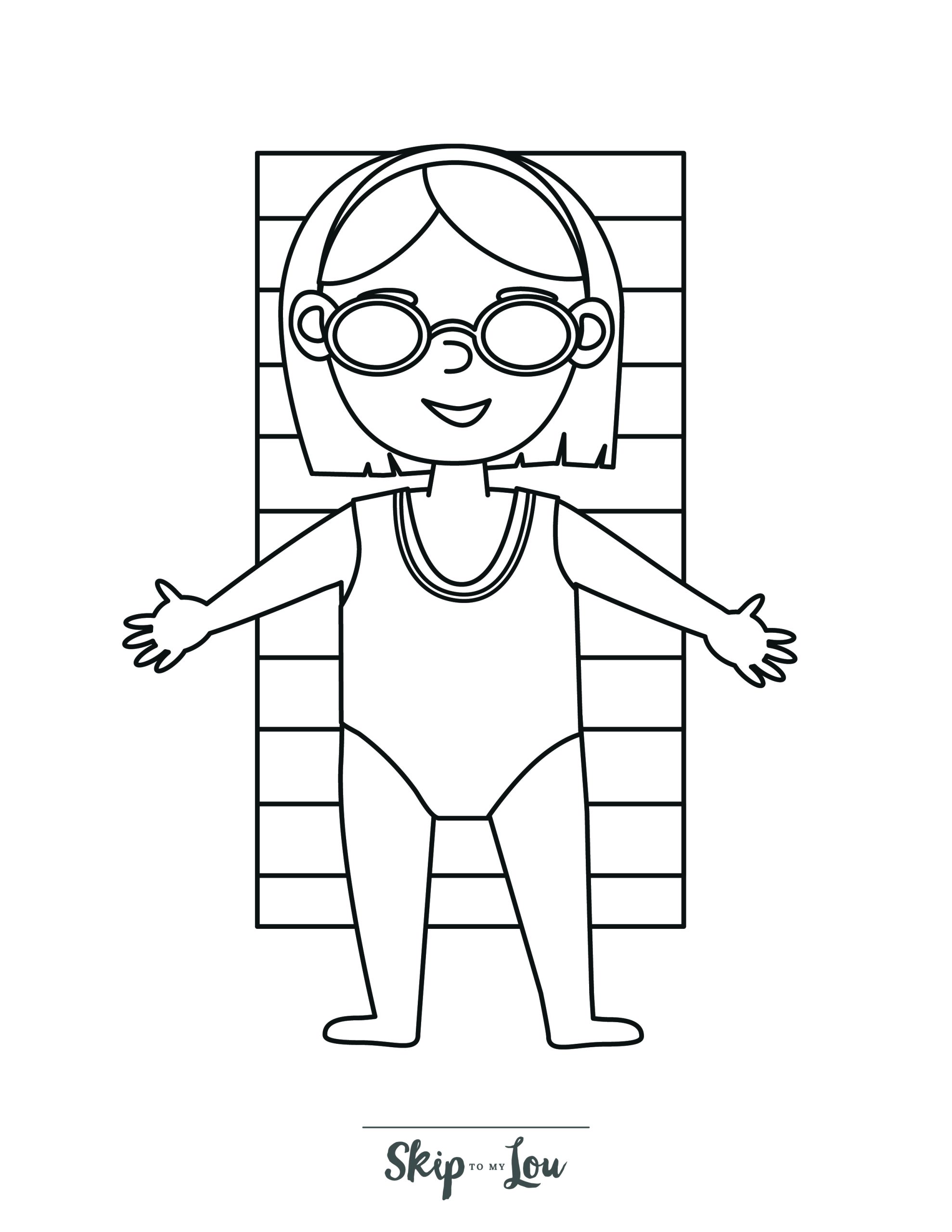 Beach Coloring Page 4 - Little girl in swimwear, wearing goggles