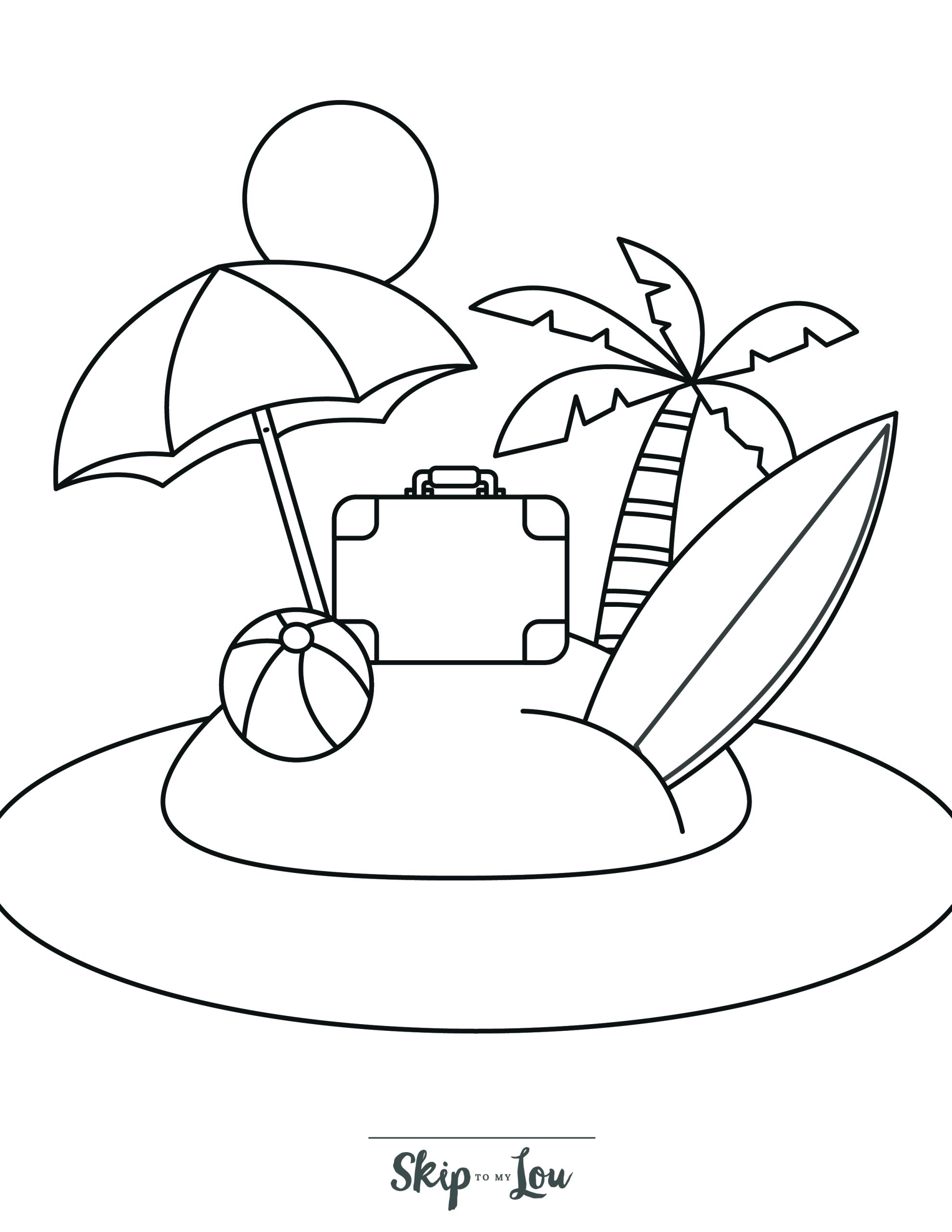 Skip to my Lou - Beach Coloring Pages - Line picture of a small island filled with beach essentials such as umbrella and surfboard