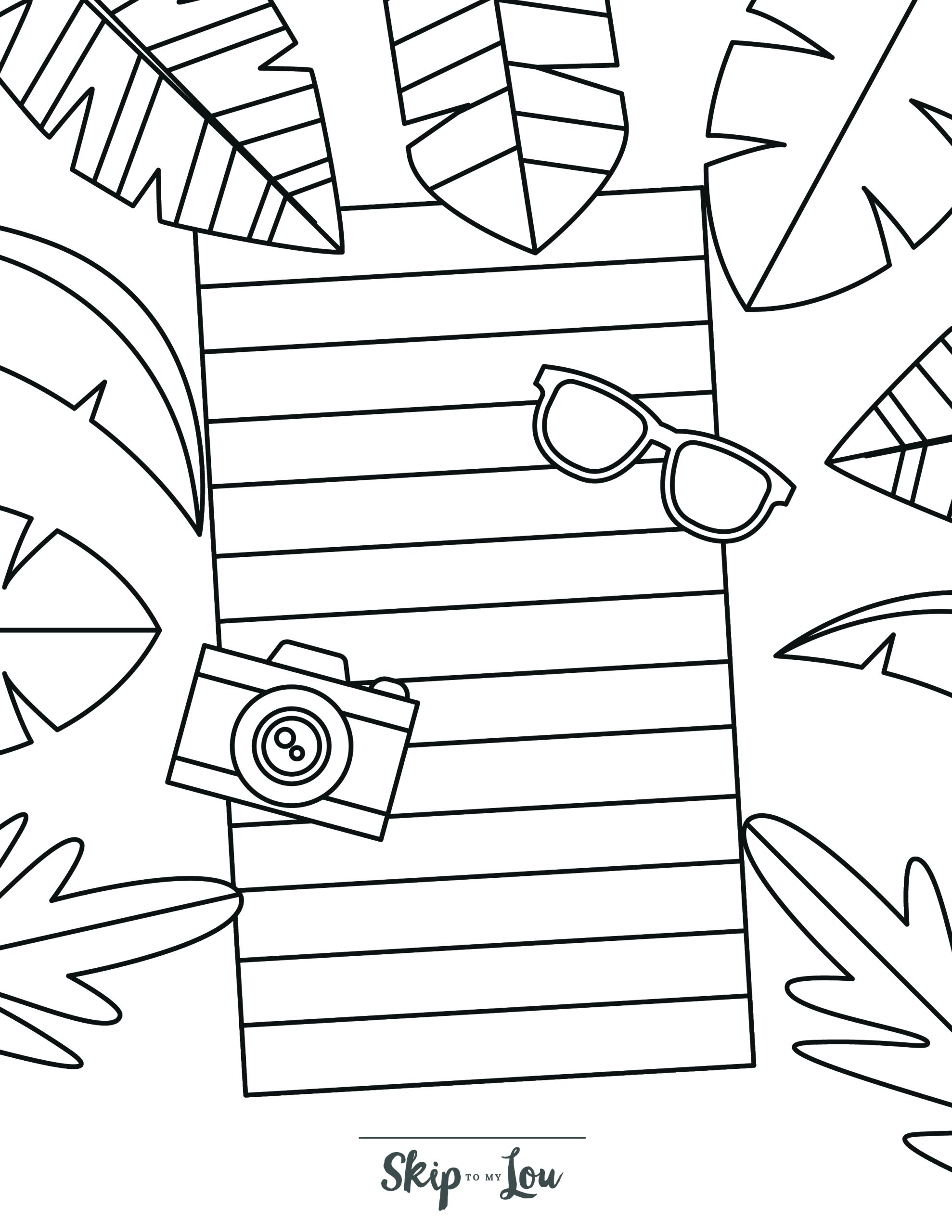 Beach Coloring Page 7 - Beach banket with sunglasses and camera