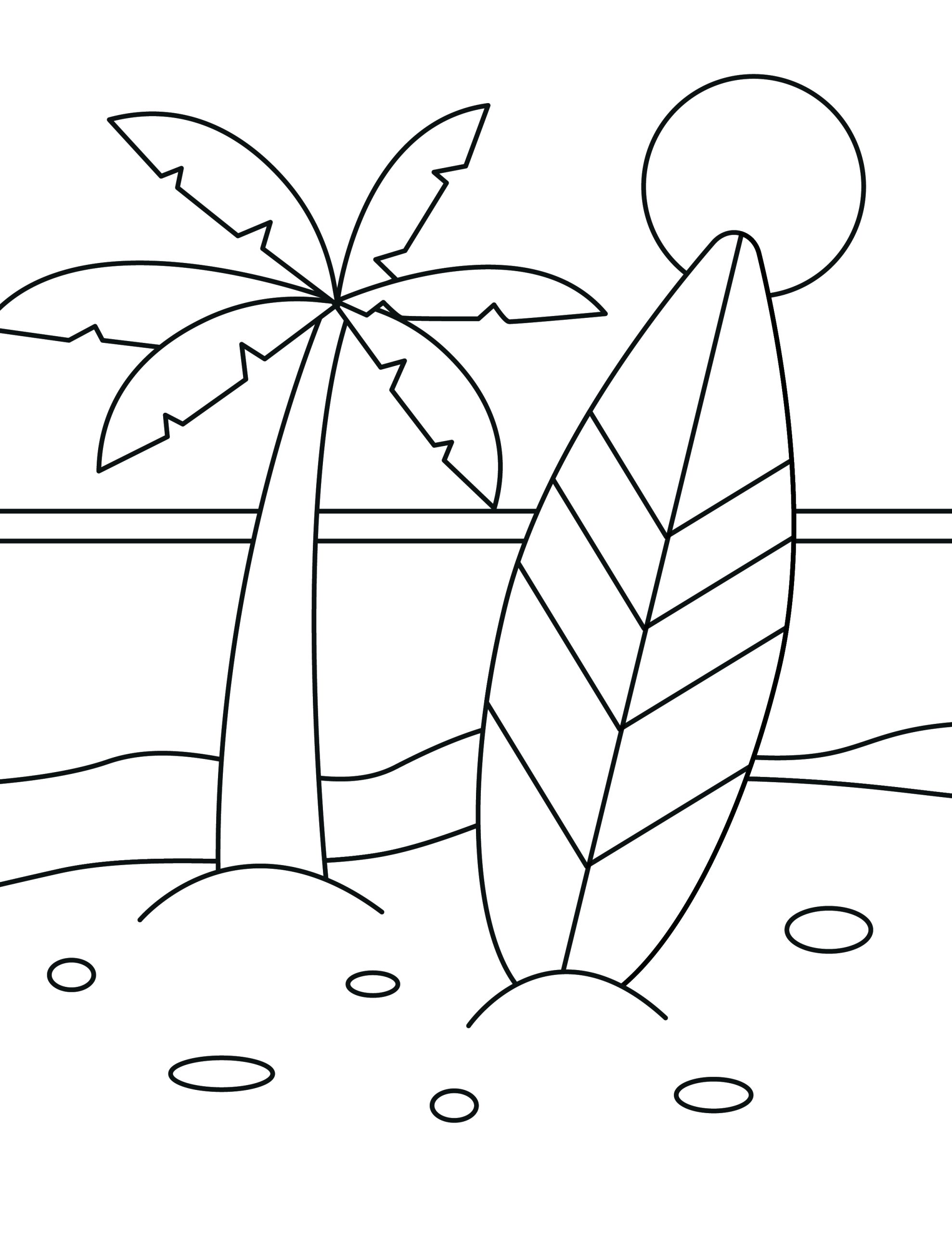 Beach Coloring Page 8 - Beach scene with surfboard, palm tree, and sun in background