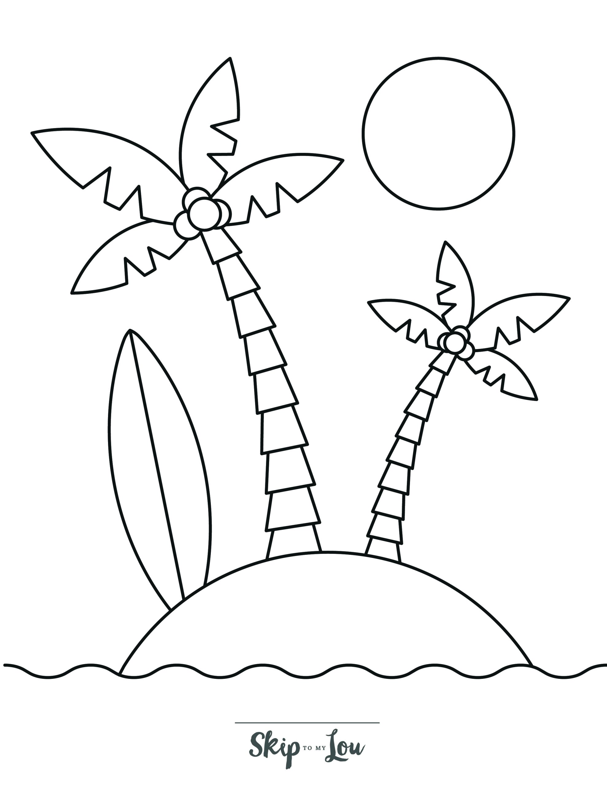 Beach Coloring Page 10 - Desert island with two coconut trees, sun in background