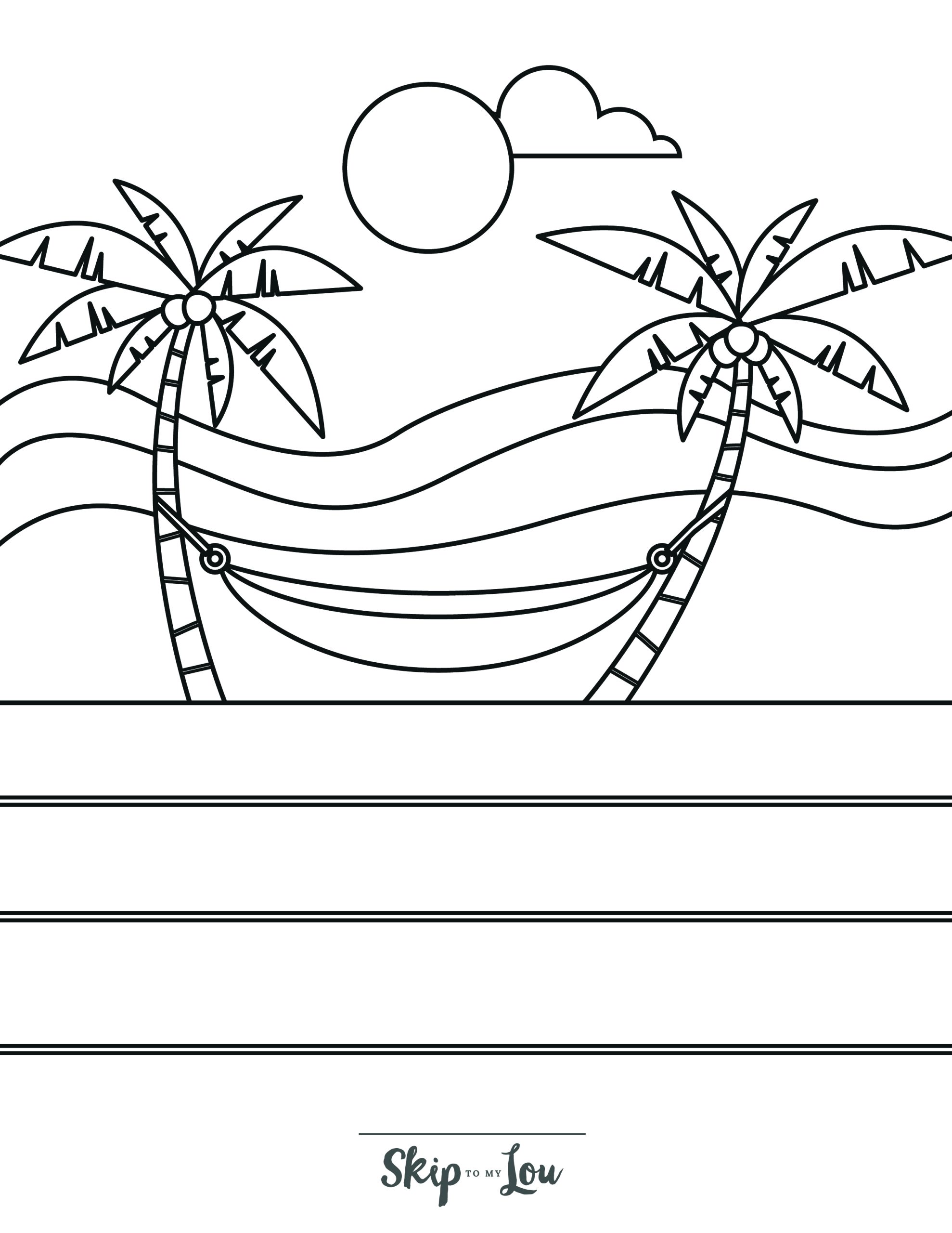 Beach Coloring Page 11 - Beach scene with a hammock between two coconut trees