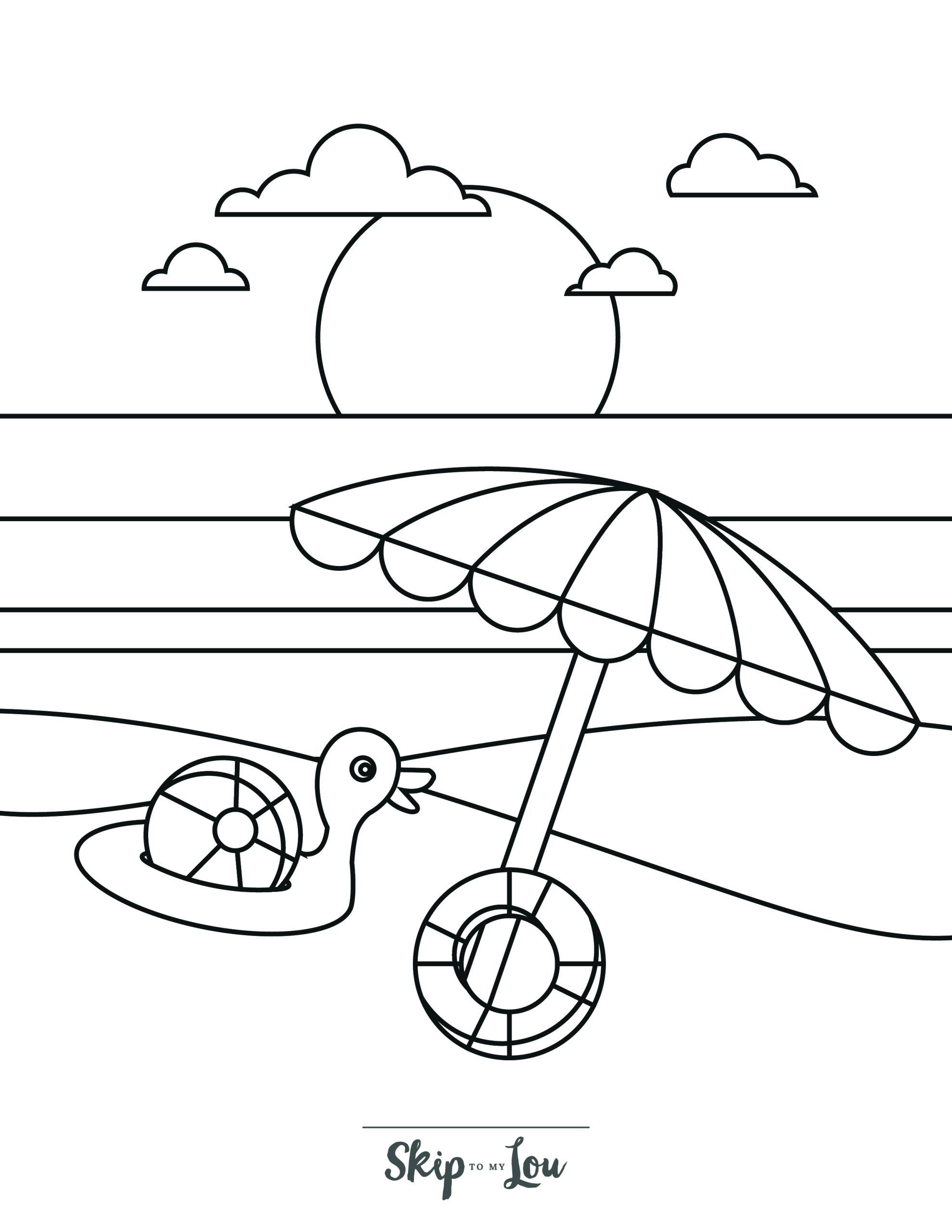 Beach Coloring Page 1 - Beach scene with umbrella, inflatable, and setting sun