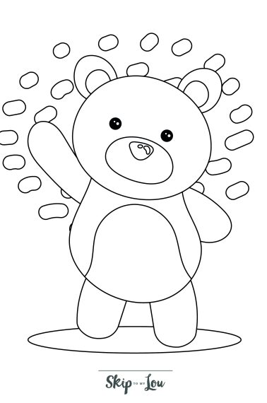 Skip to my Lou - Bear Coloring Pages - Line drawing of teddy bear standing up and waving, with patterned background