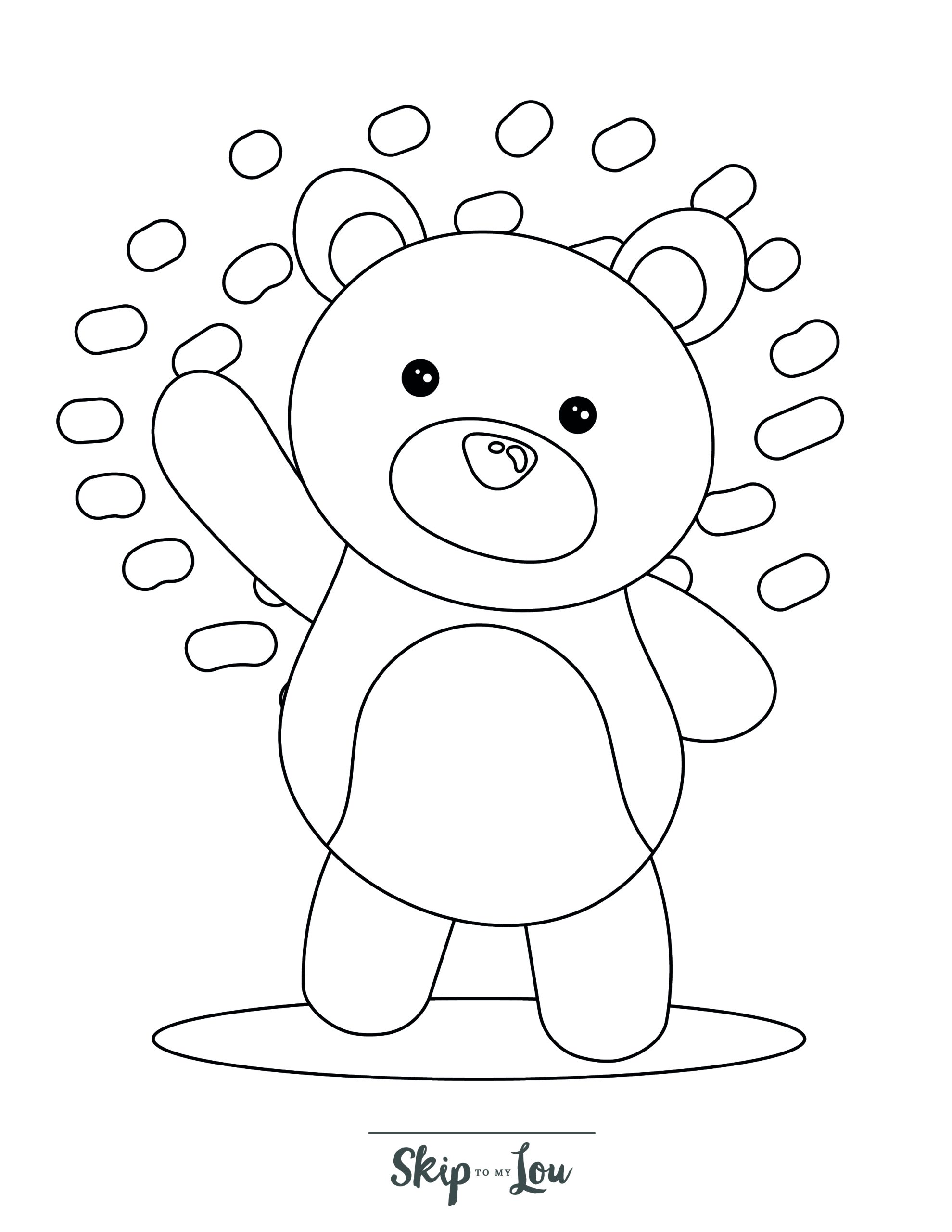 Skip to my Lou - Bear Coloring Pages - Line drawing of teddy bear standing up and waving, with patterned background