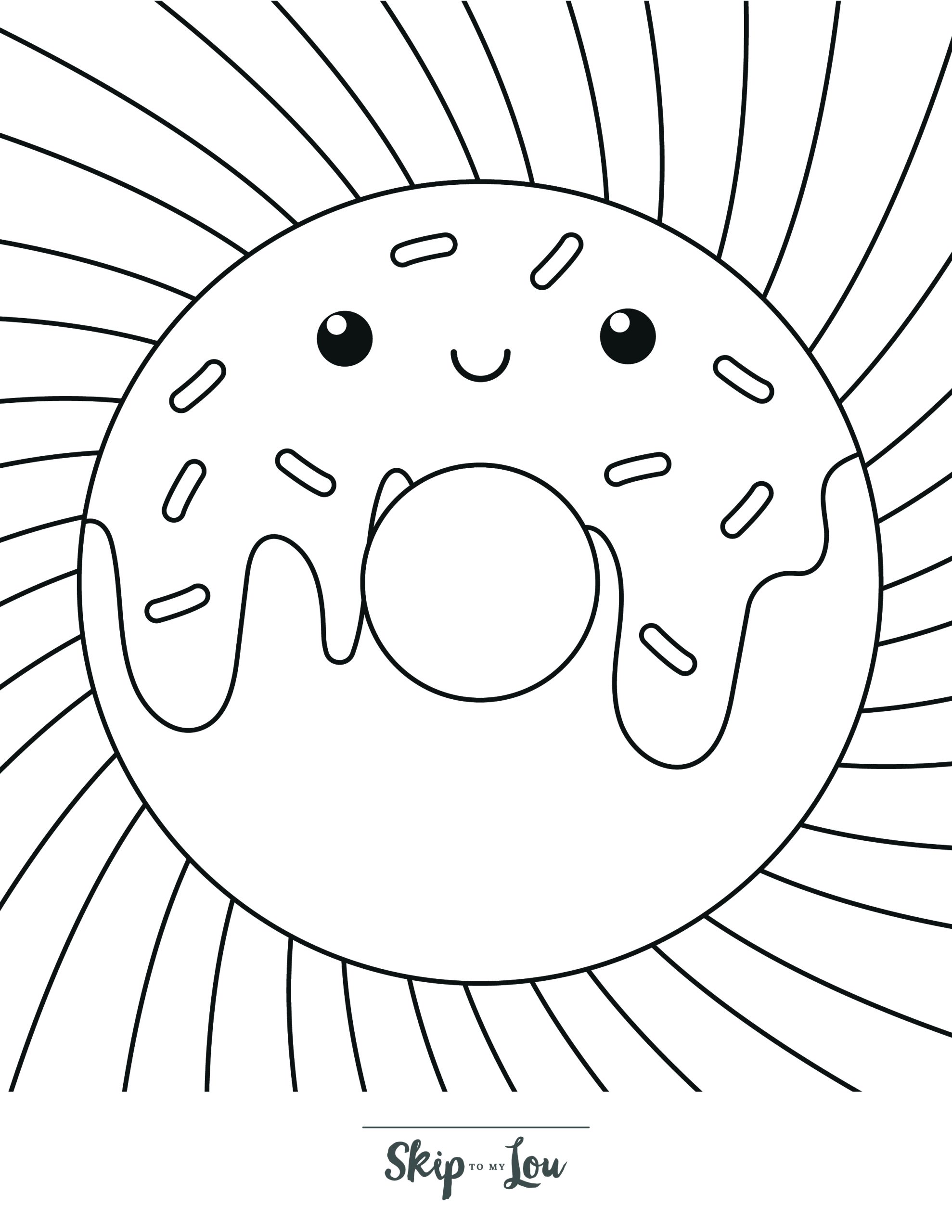 Skip to my Lou - Donut Coloring Page - Line drawing of a donut with a happy face, with a spiral background.