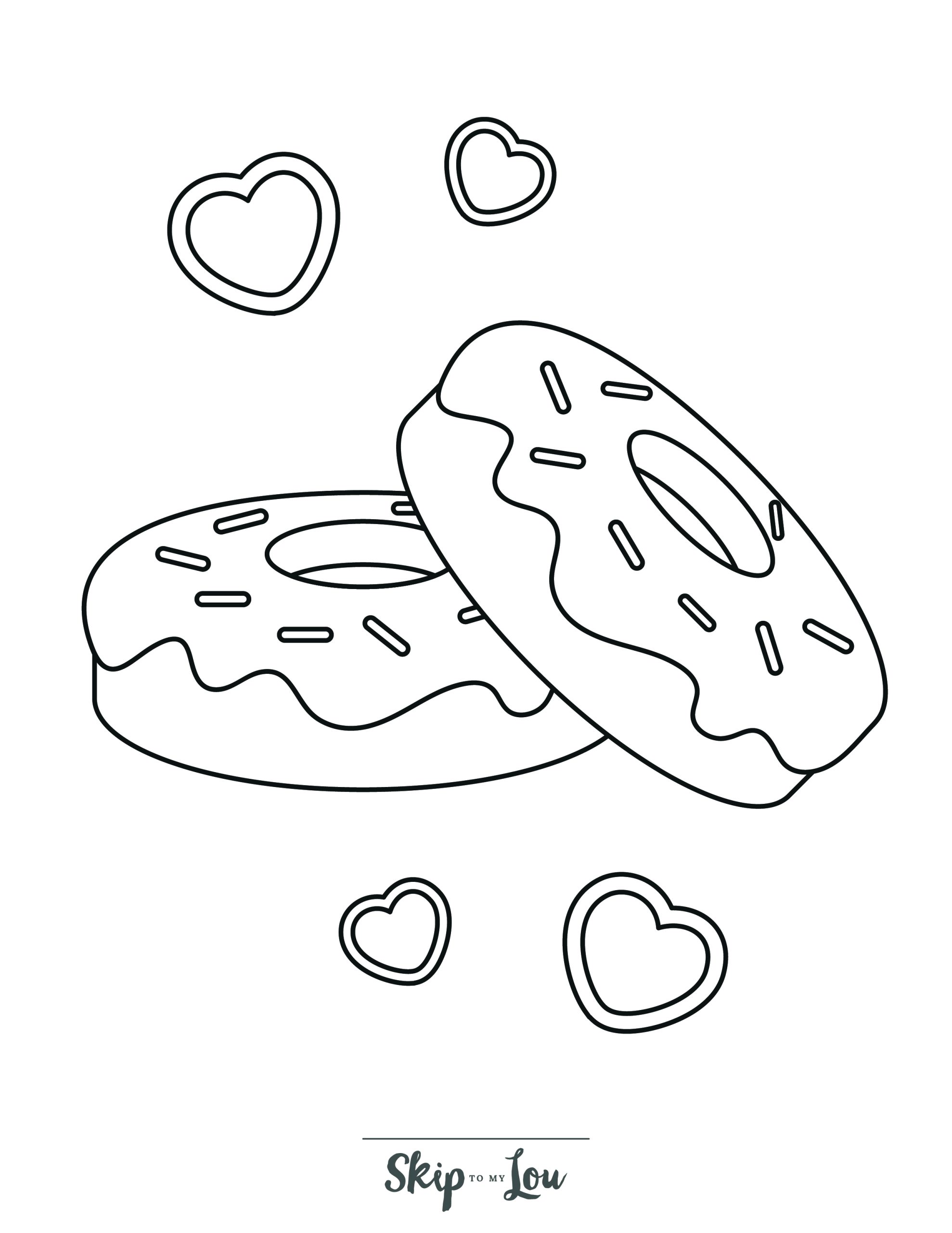Donut Coloring Page 5 - Two donuts from the side, one on top of the other, with floaring hearts