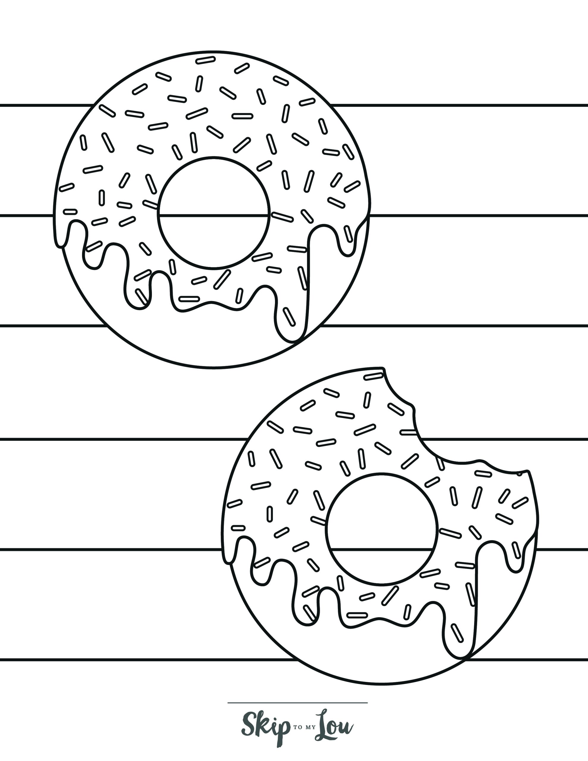 Donut Coloring Page 6 - Two iced donuts, one missing a bite, with a lined background