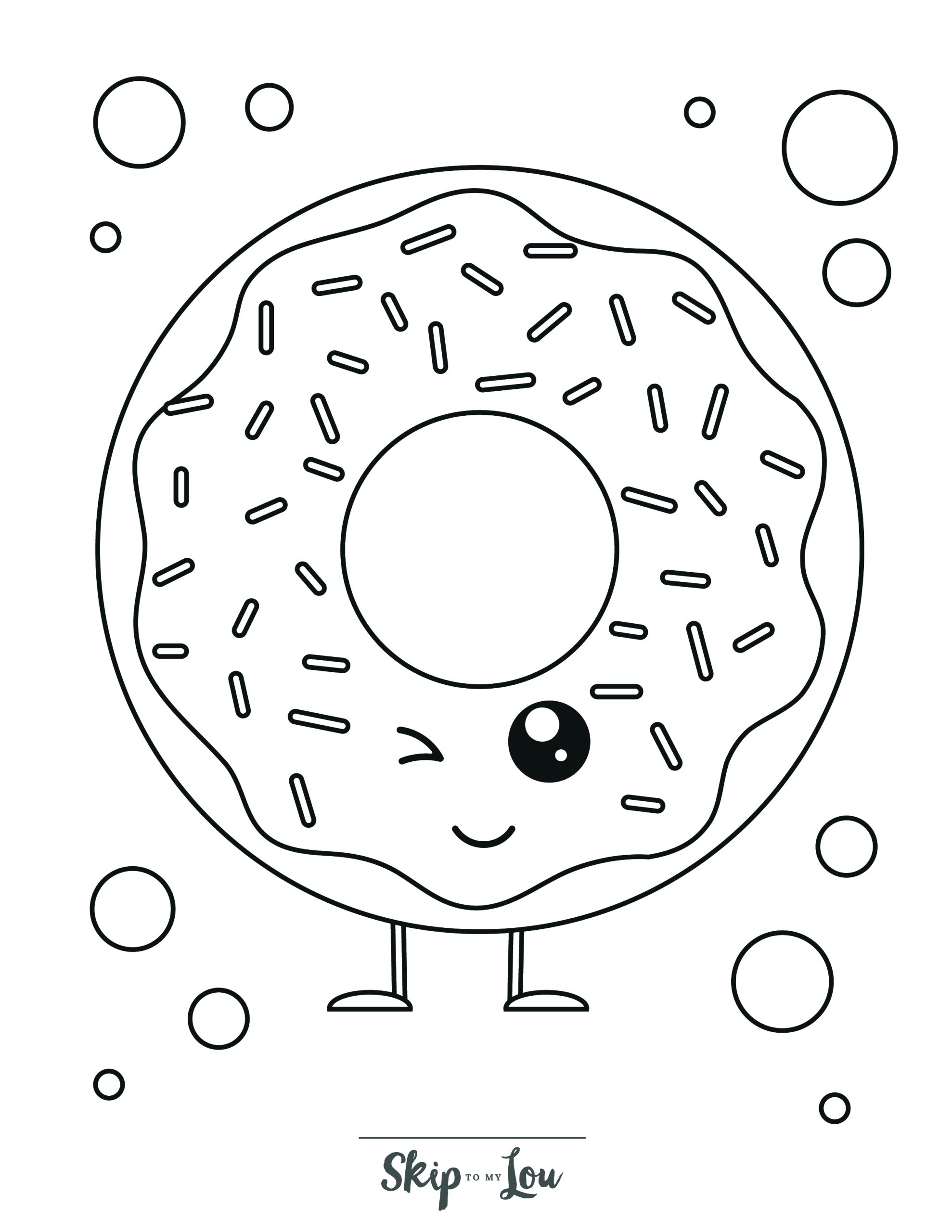 Donut Coloring Page 7 - Donut with face a legs, covered in icing and sprinkles, with bubbles in the background