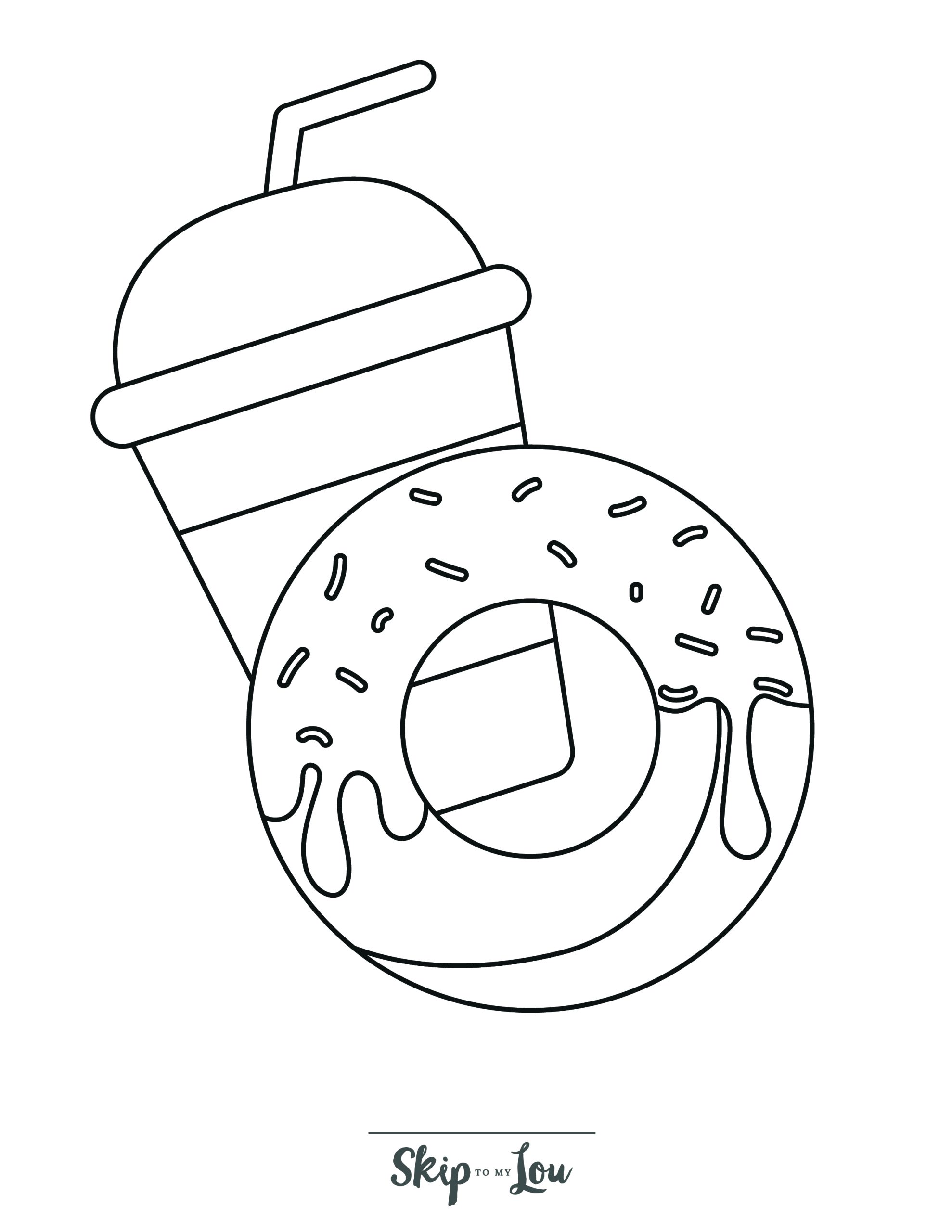 Donut Coloring Page 10 - Iced donut with a drink behind