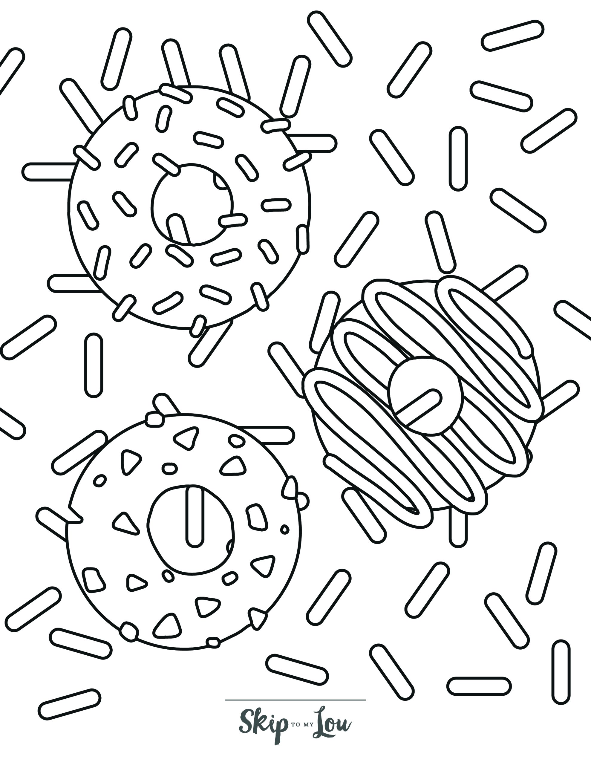 Donut Coloring Page 1 - Three iced donuts with lots of sprinkles
