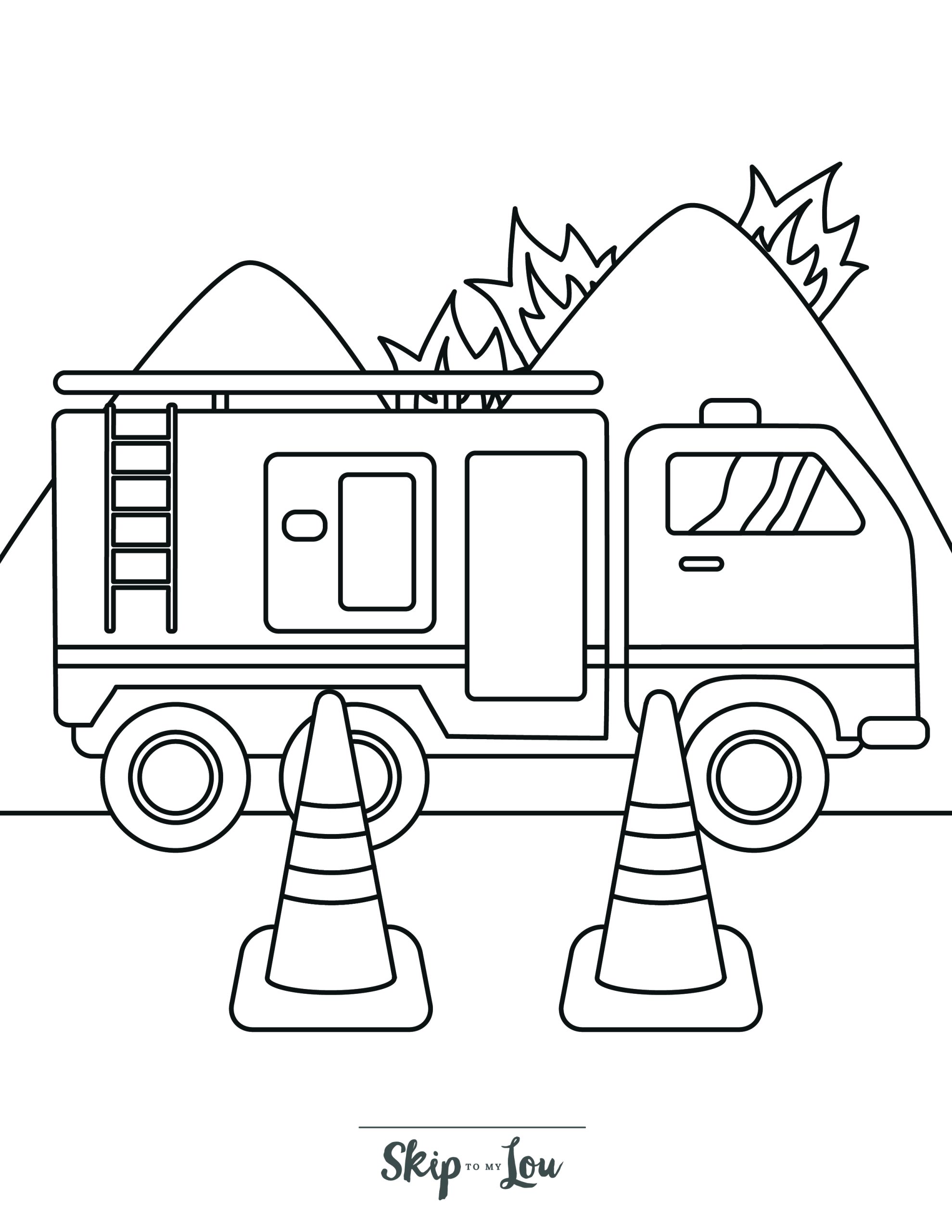 Fire Truck Coloring Page 3 - Large fire truck with traffic cones in the foreground and mountains in the background
