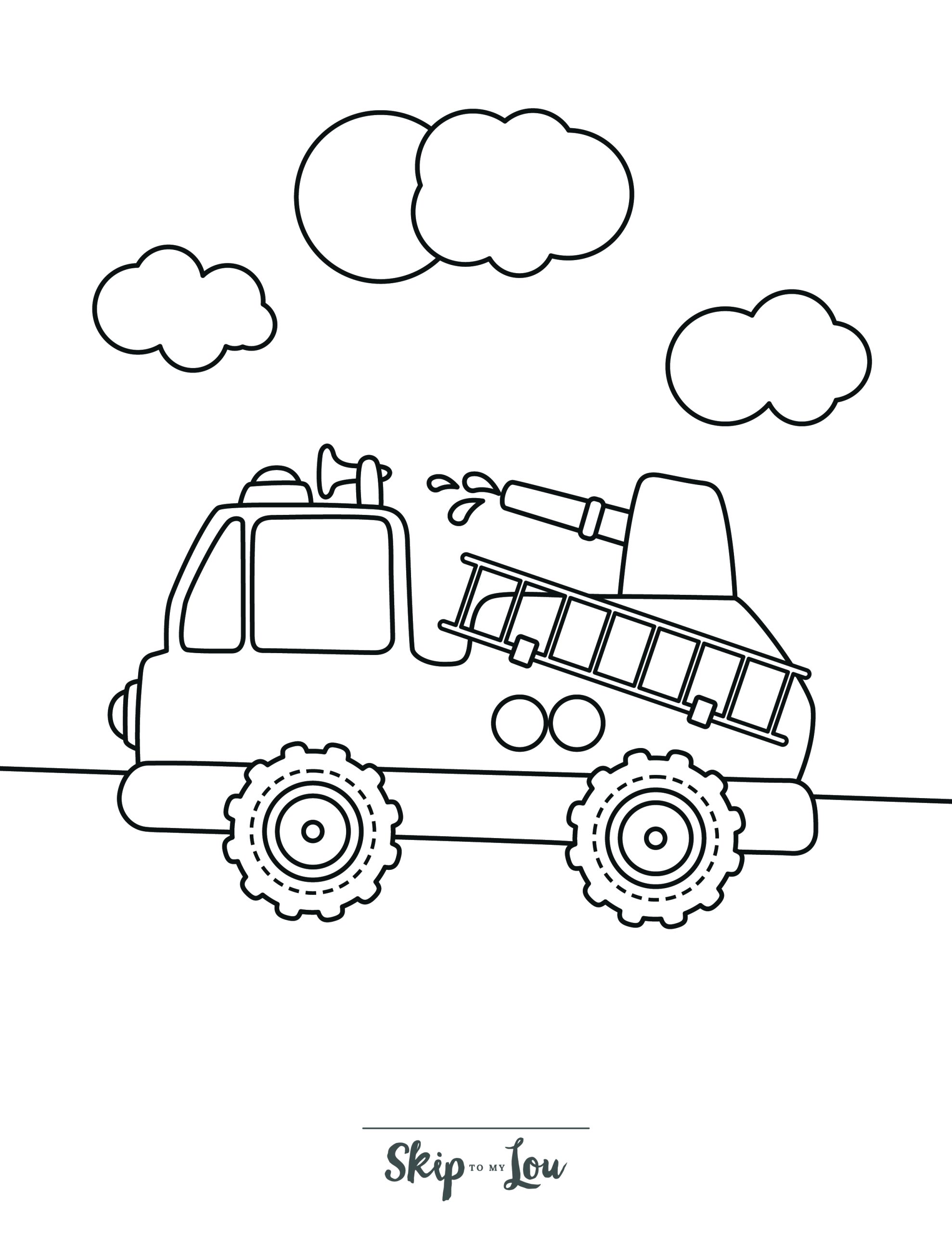 Fire Truck Coloring Page 4 - Fire truck with ladder on side and fire hose, with clouds in the background
