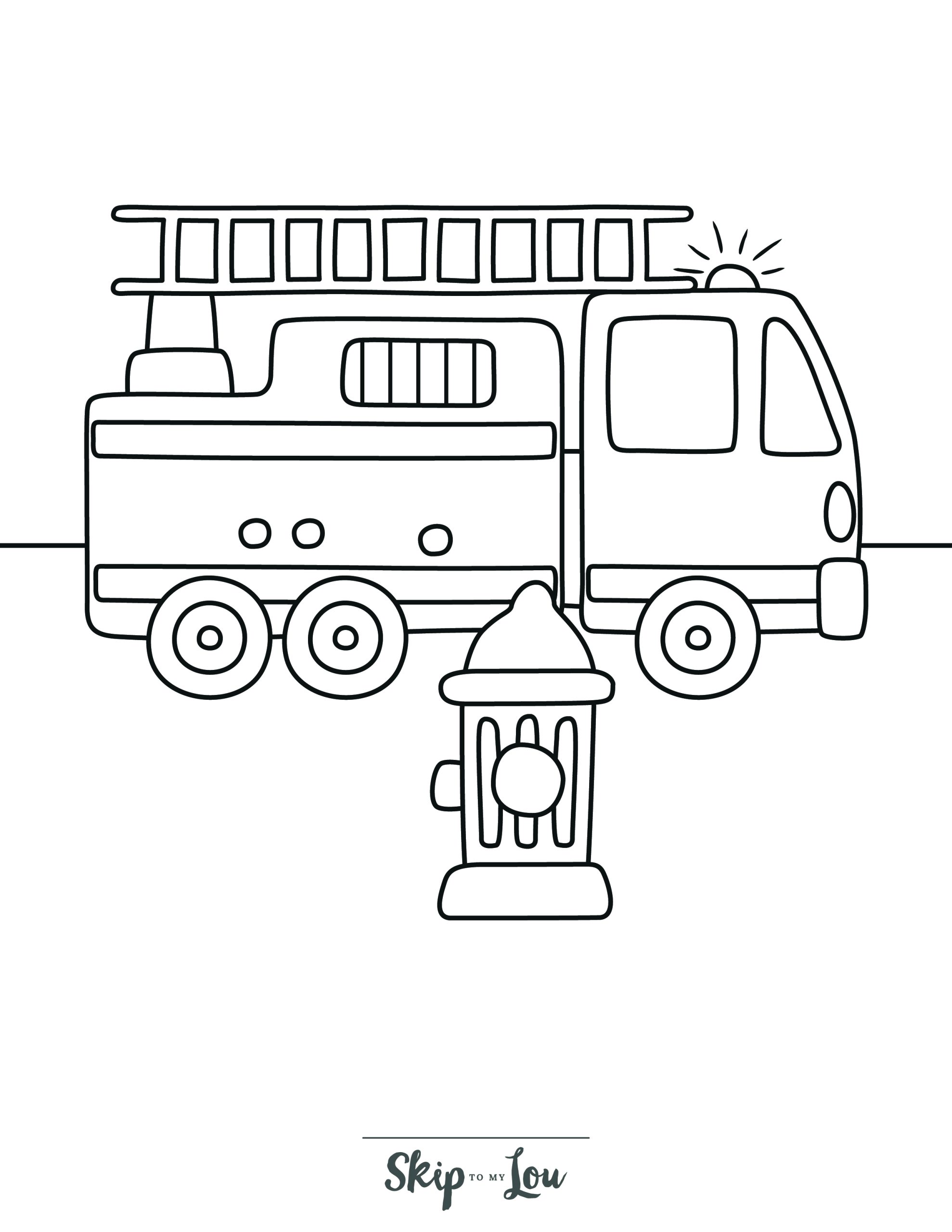 Fire Truck Coloring Page 5 - Ladder truck with fire hydrant in the foreground