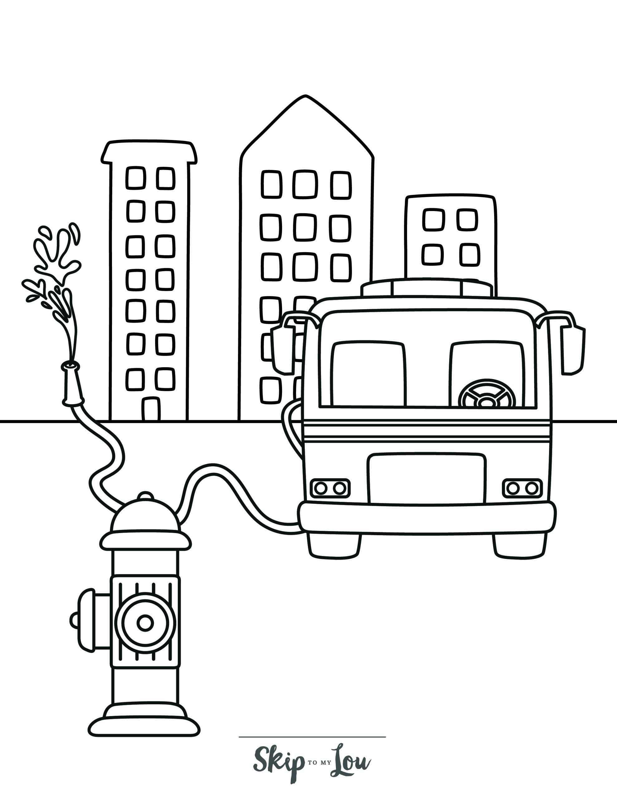Fire Truck Coloring Page 6 - Fire truck connected to fire hydrant and fire hose, with tall building in the background