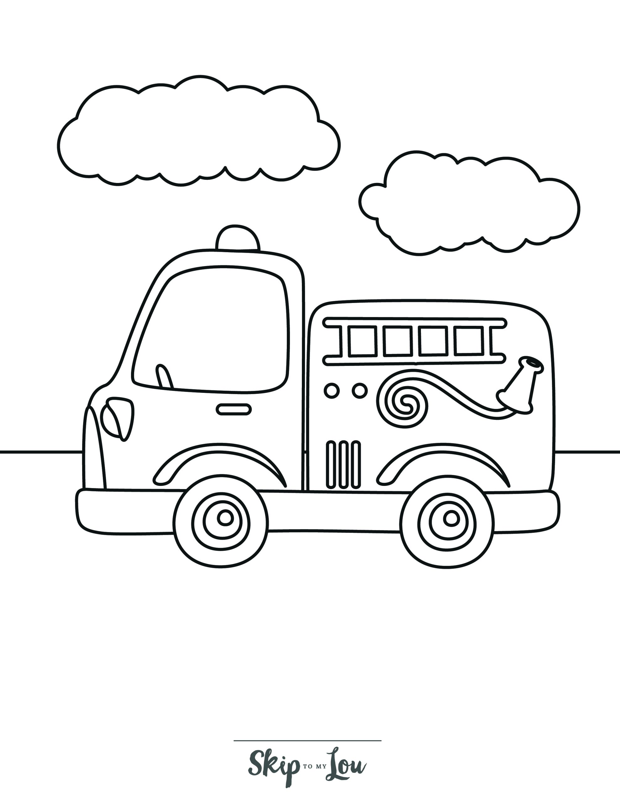 Fire Truck Coloring Page 7 - Small fire truck with clouds in background