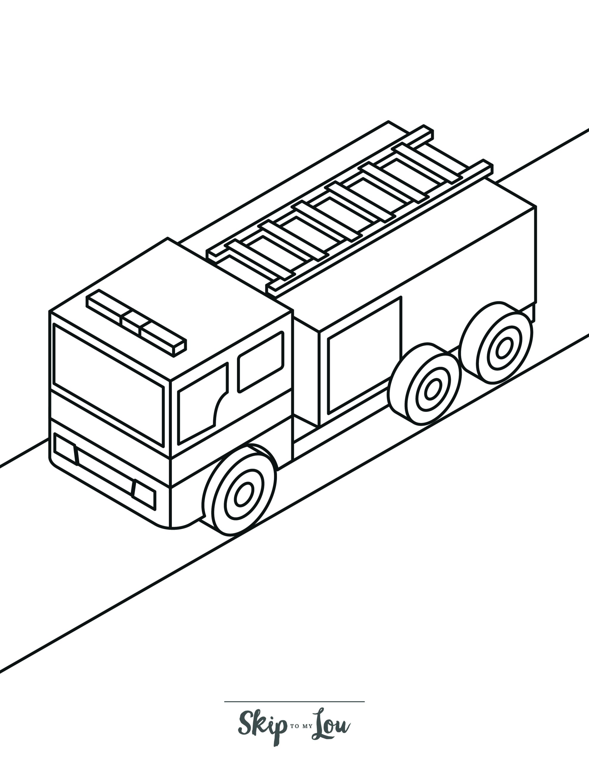 Fire Truck Coloring Page 9 - Ladder truck on road, overhead angled view