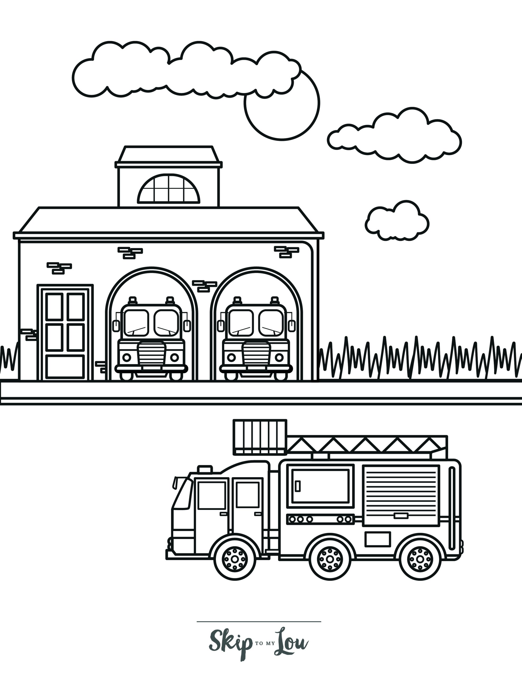 Fire Truck Coloring Page 11 - Fire station scene wtih fire truck in foreground