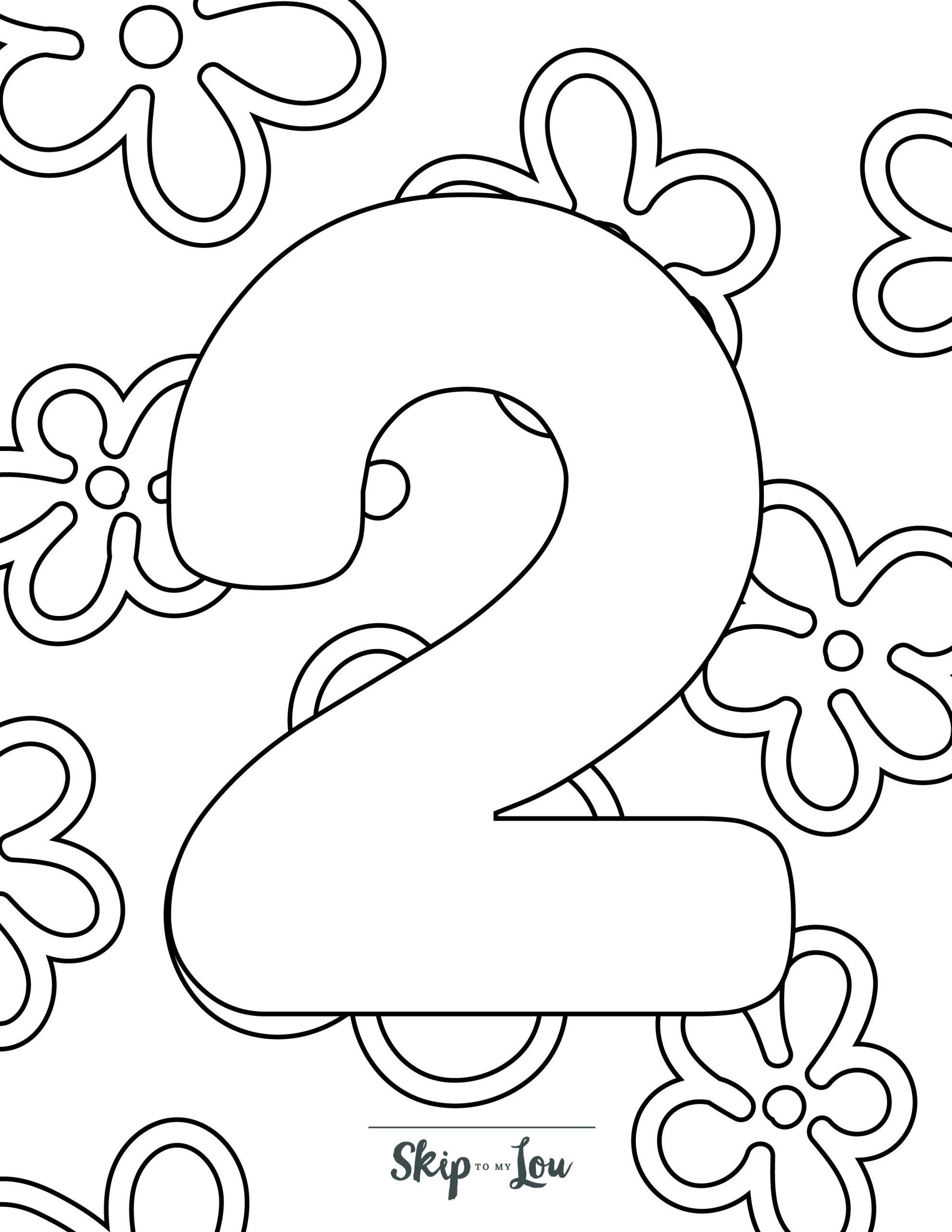 Number Coloring Page 2 - Line drawing of the number two with patterns in background