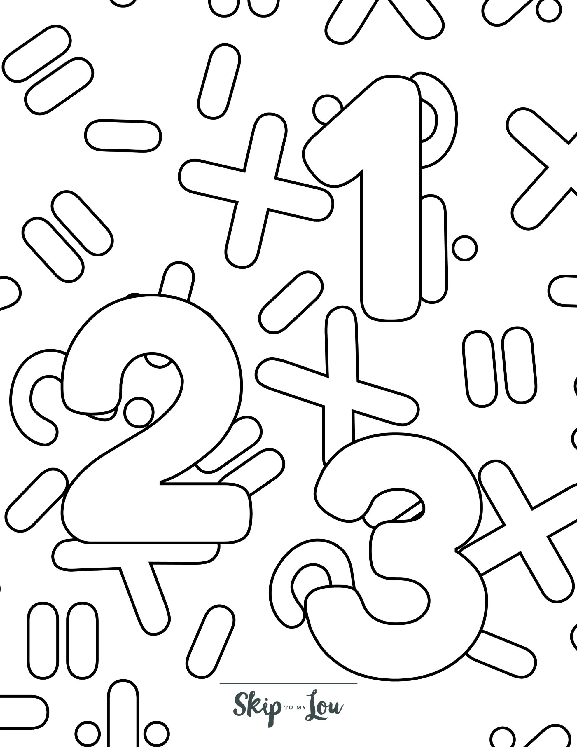 Number Coloring Page 4 - Line drawings of the numbers one, two, and three with maths symbols in background