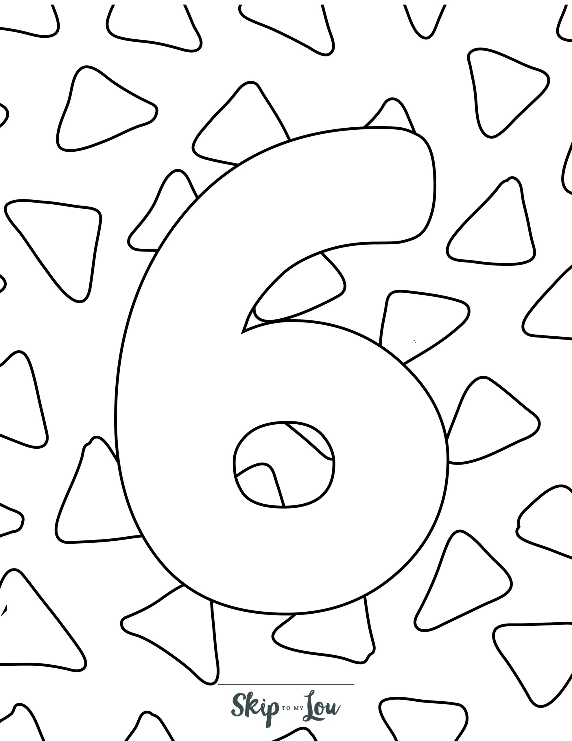 Number Coloring Page 8 - Line drawing of the number six with triangles in background