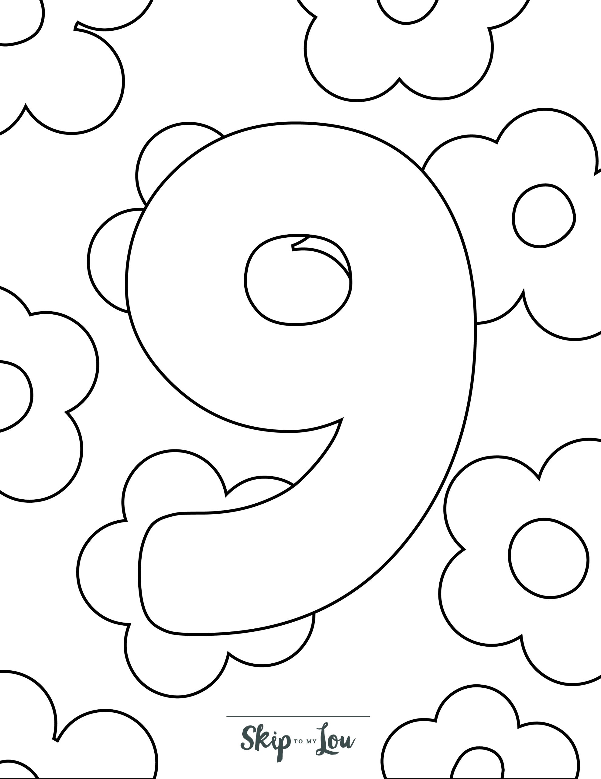 Number Coloring Page 11 - Line drawing of the number nine with flower shapes in background