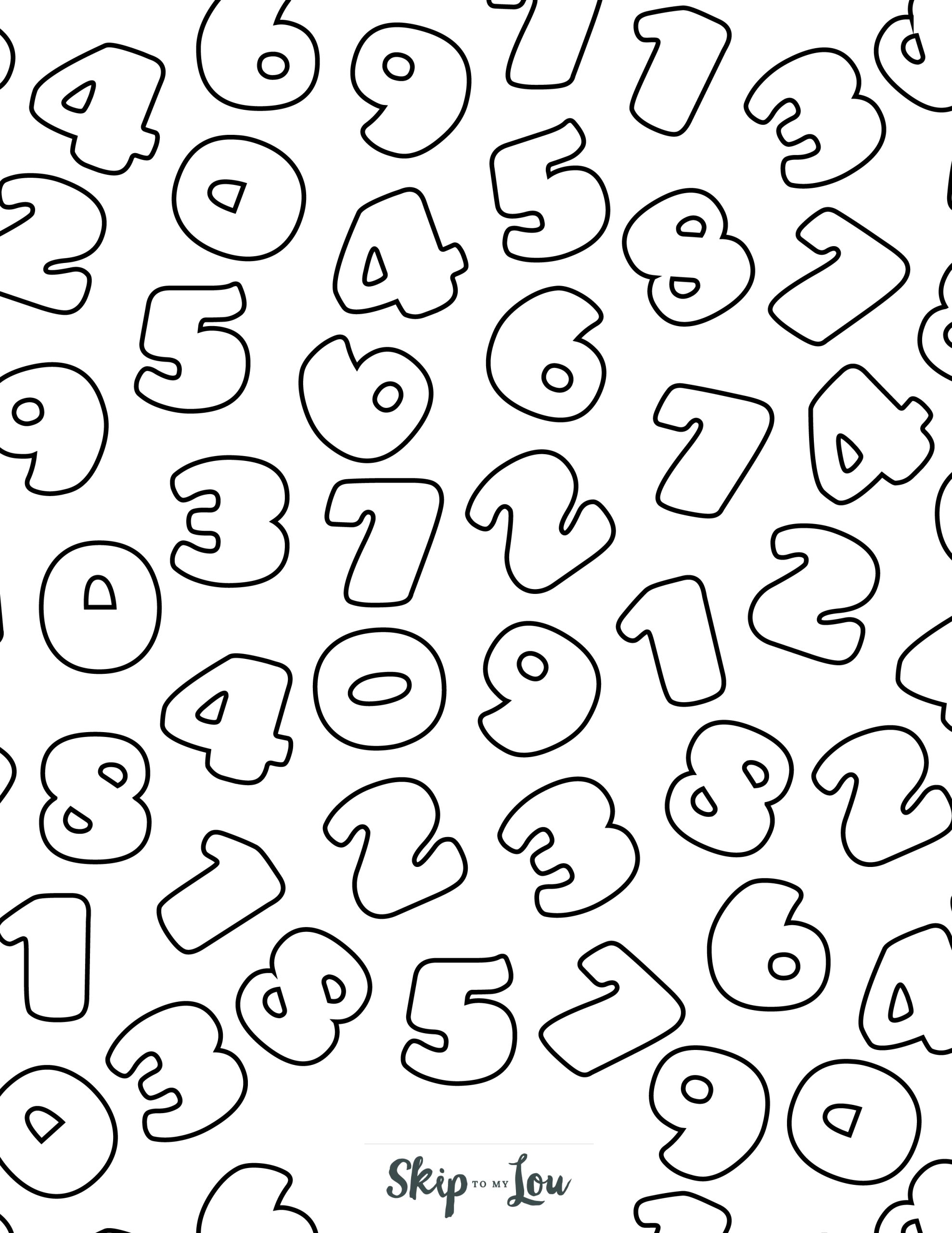Number Coloring Page 12 - Line drawings of many numbers scattered all over the page
