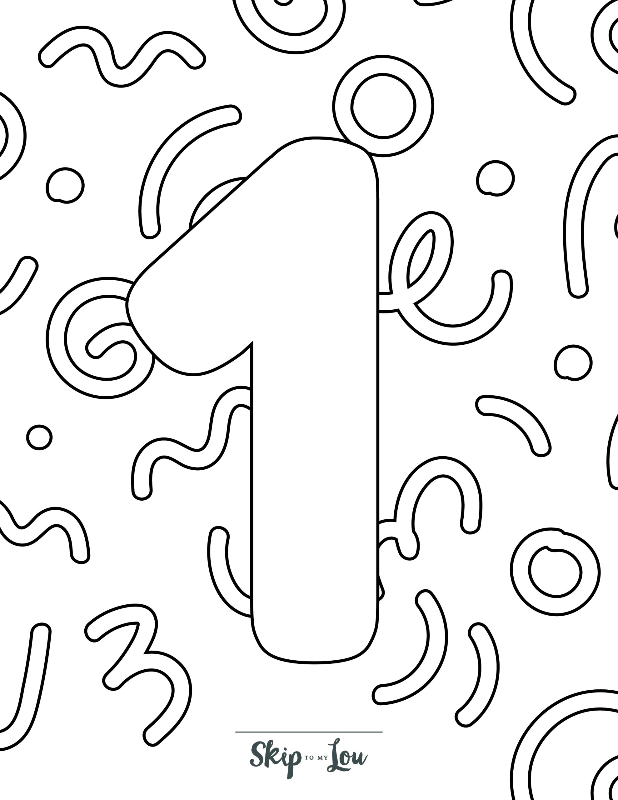 Number Coloring Page 1 - Line drawing of the number one with swirls in background