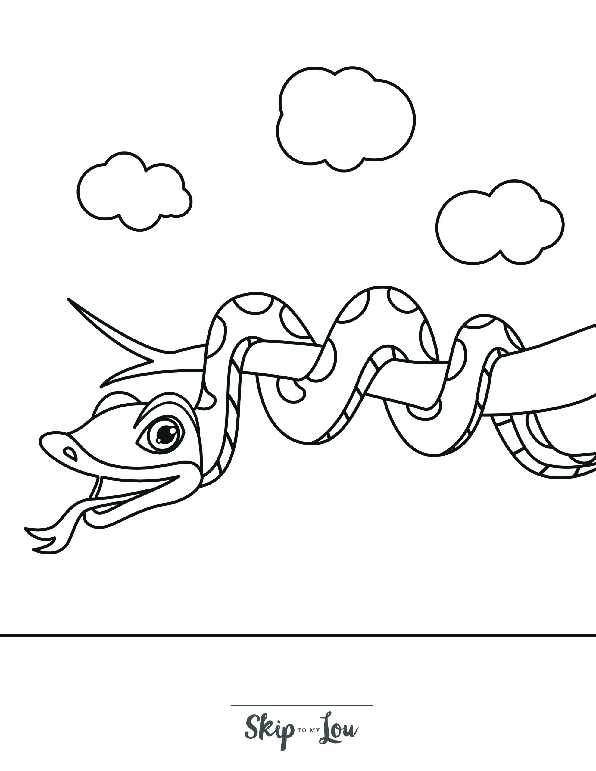 Snake Coloring Page 2 - Snake curled around tree branch, clouds in background