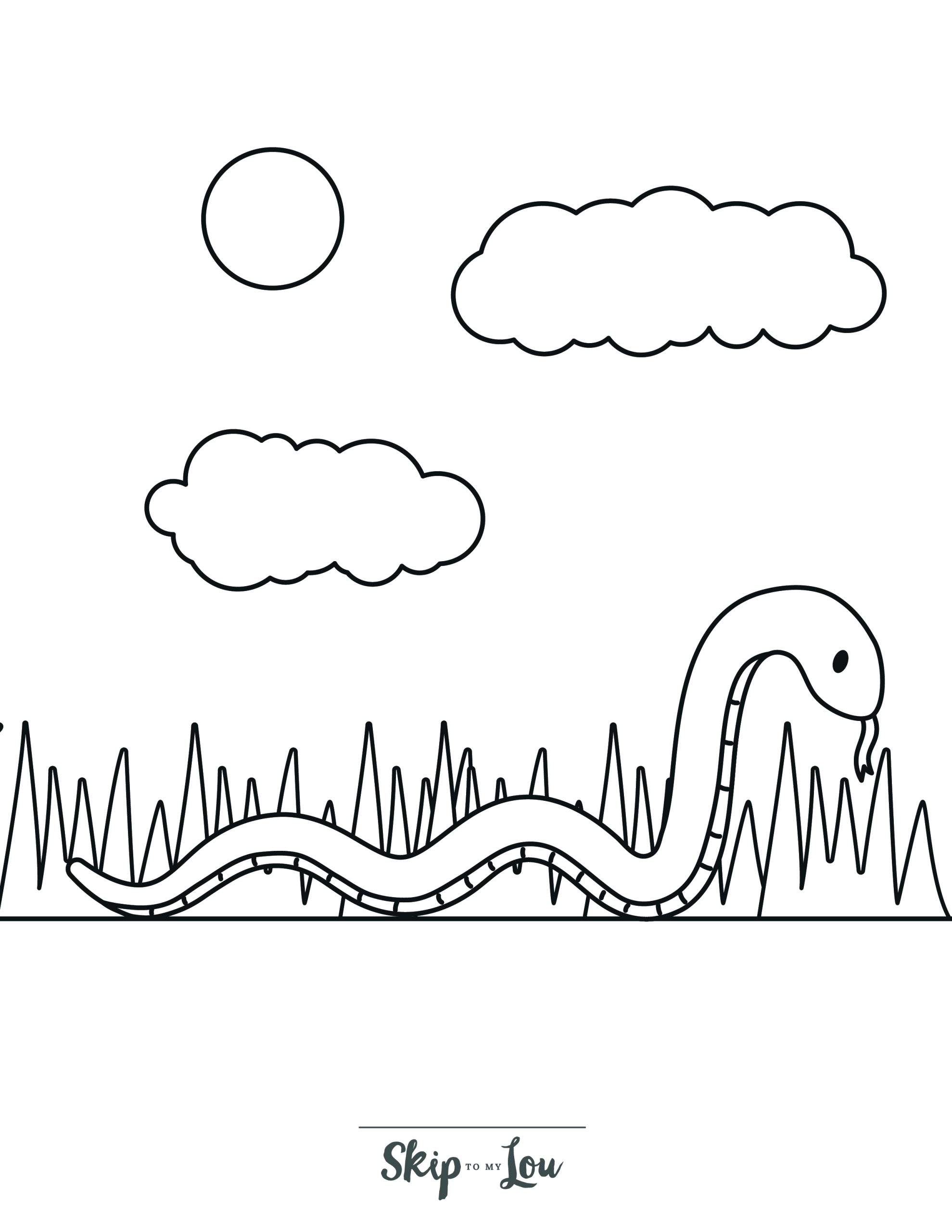 Snake Coloring Page 3 - Snake slithering through short grass, clouds and sun in background