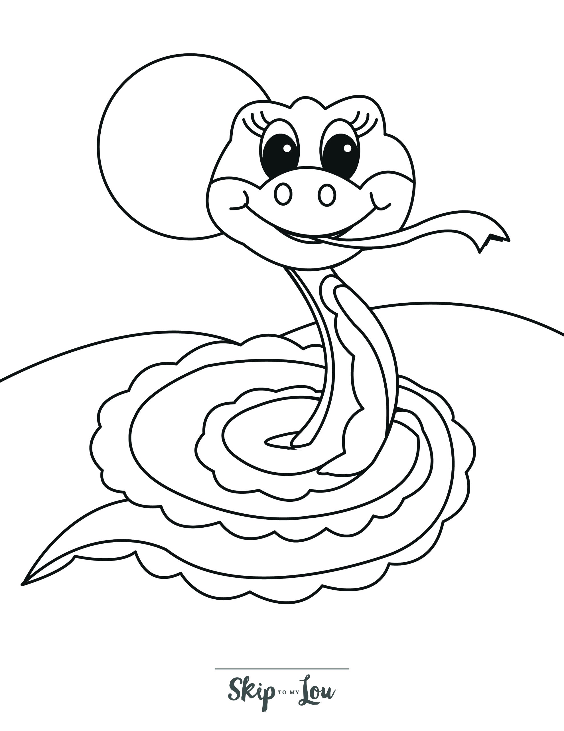 Snake Coloring Page 4 - Happy snake with large eyelashes, coiled up with tongue out