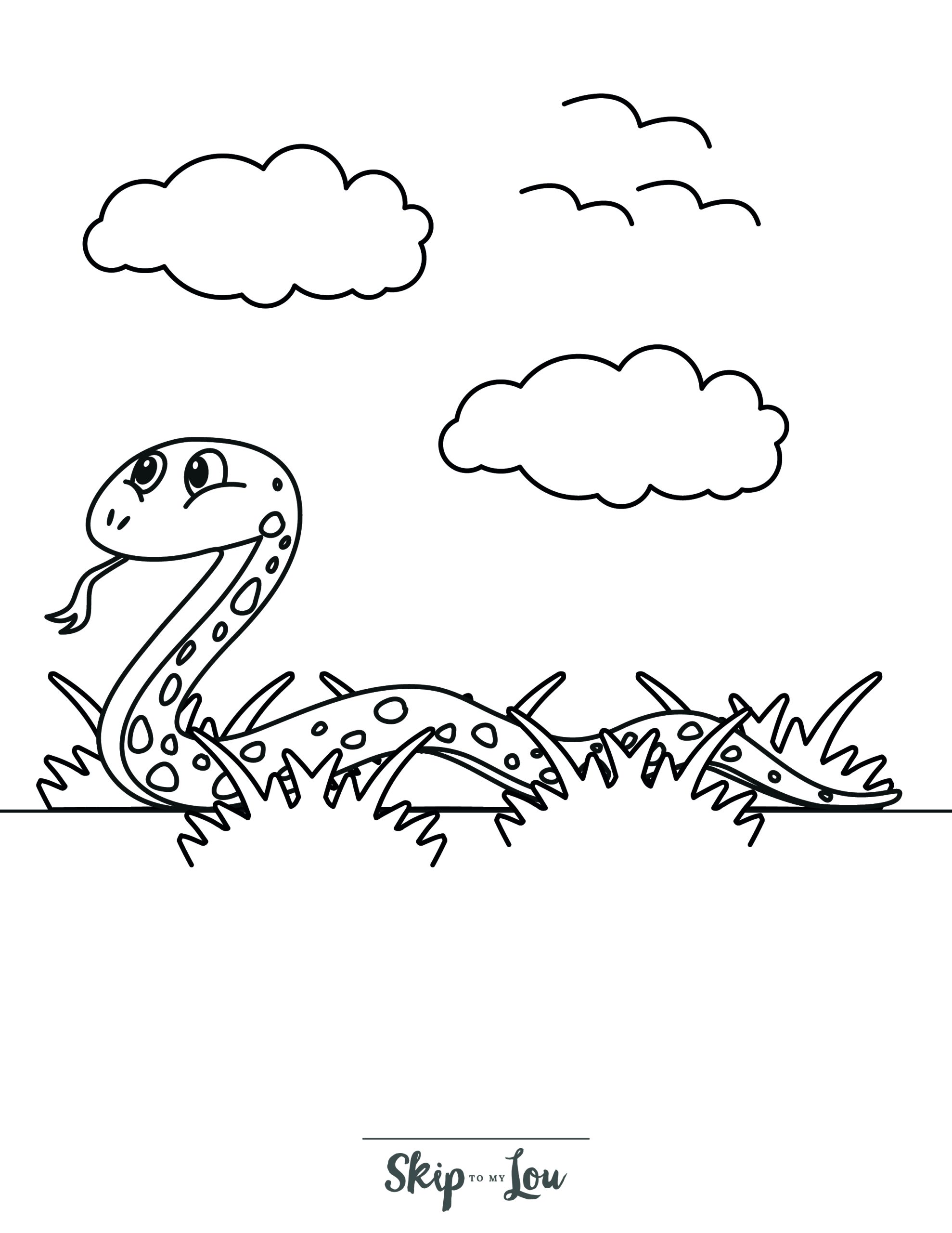 Snake Coloring Page 8 - Happy snake moving through long grass, fluffy clouds in background