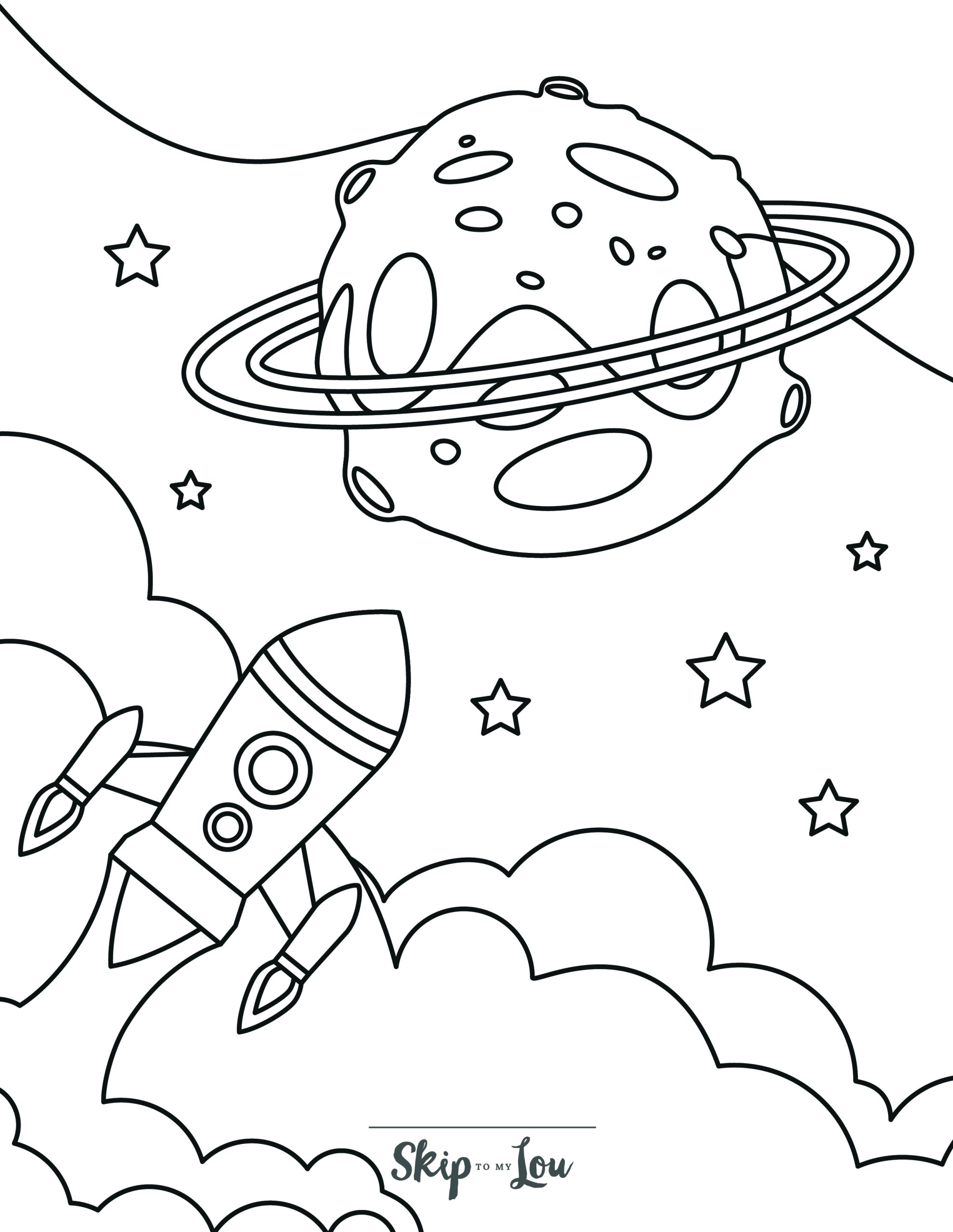 Skip to my Lou - Space Coloring Pages - Line drawing of a rocket heading towards a planet in space