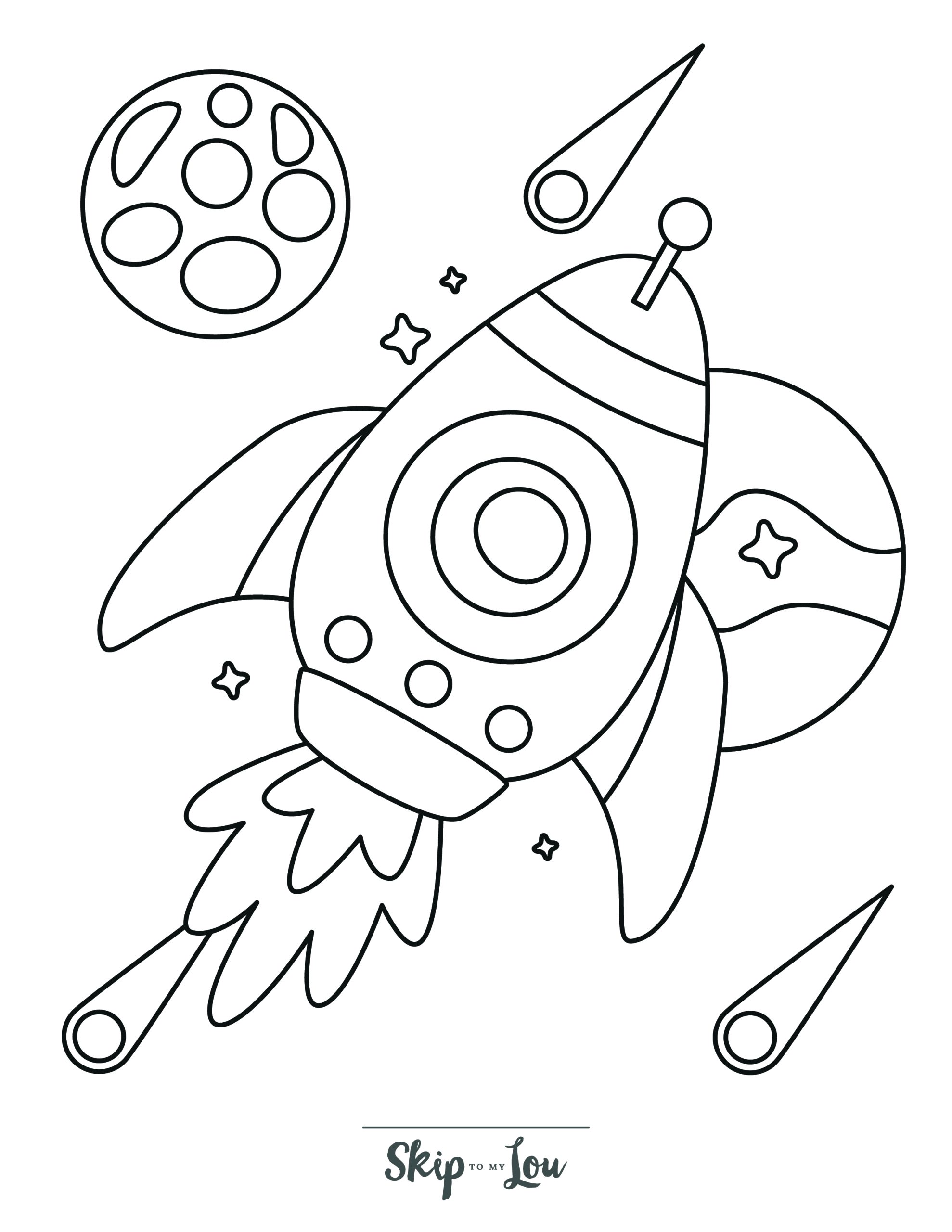 Space Coloring Page 4 - Large rocket with planets and comets in background